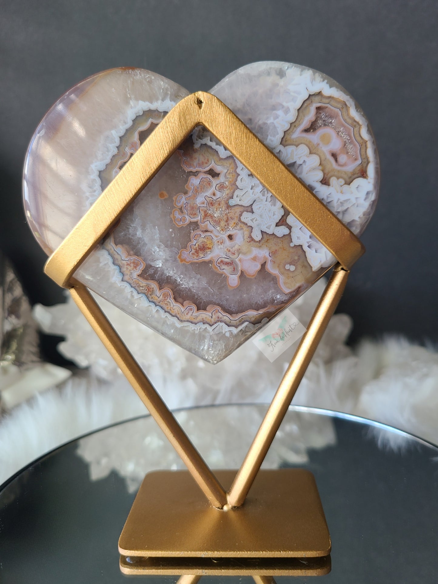 Agate Heart with Sugar Druzy on Stand