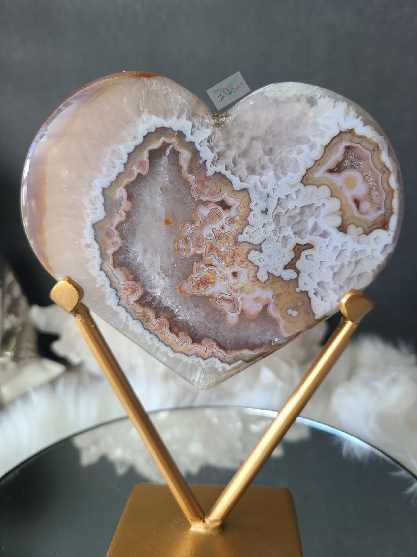 Agate Heart with Sugar Druzy on Stand