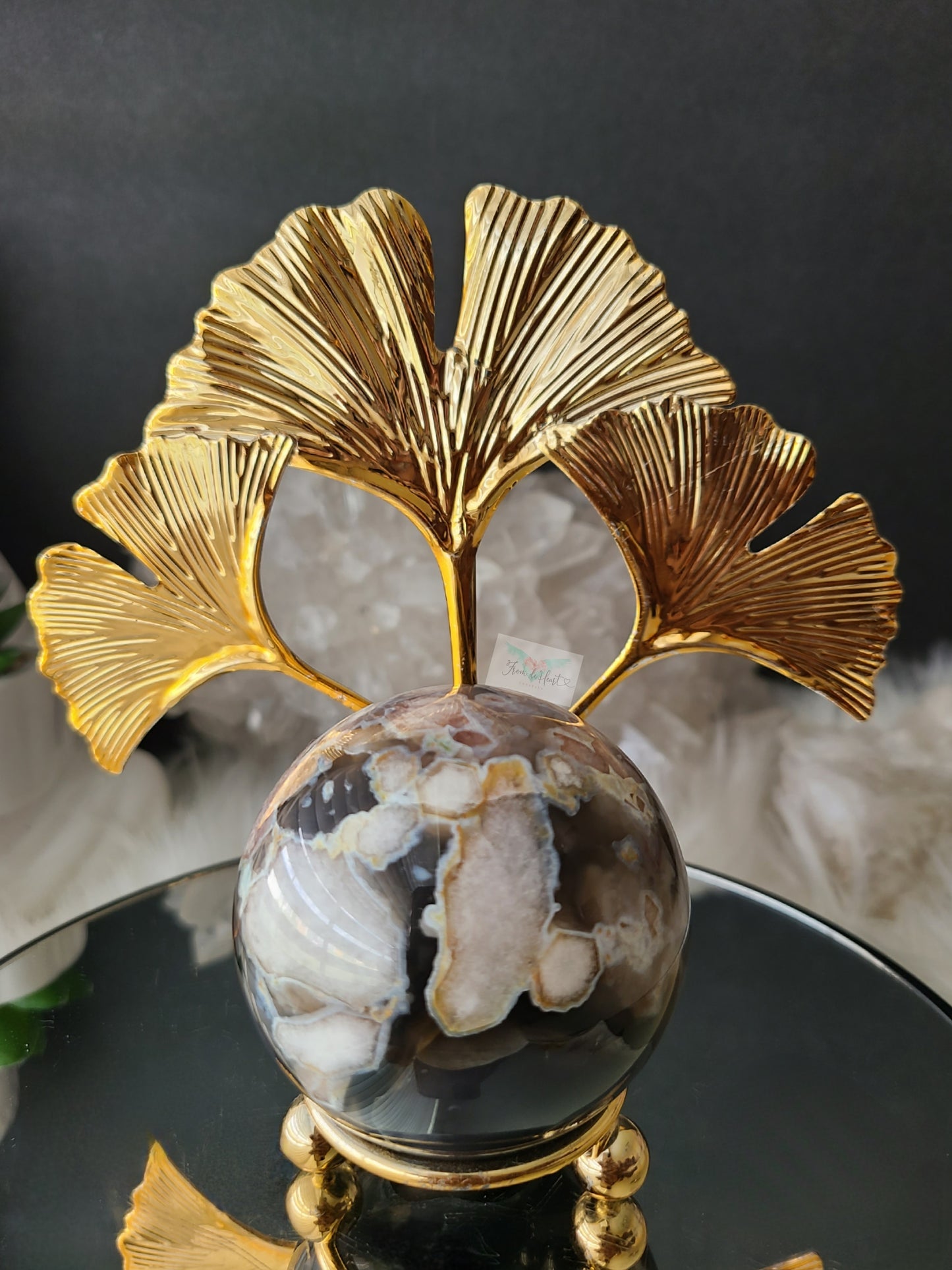 Black Flower Agate with Pyrite Sphere on stand (High Grade)