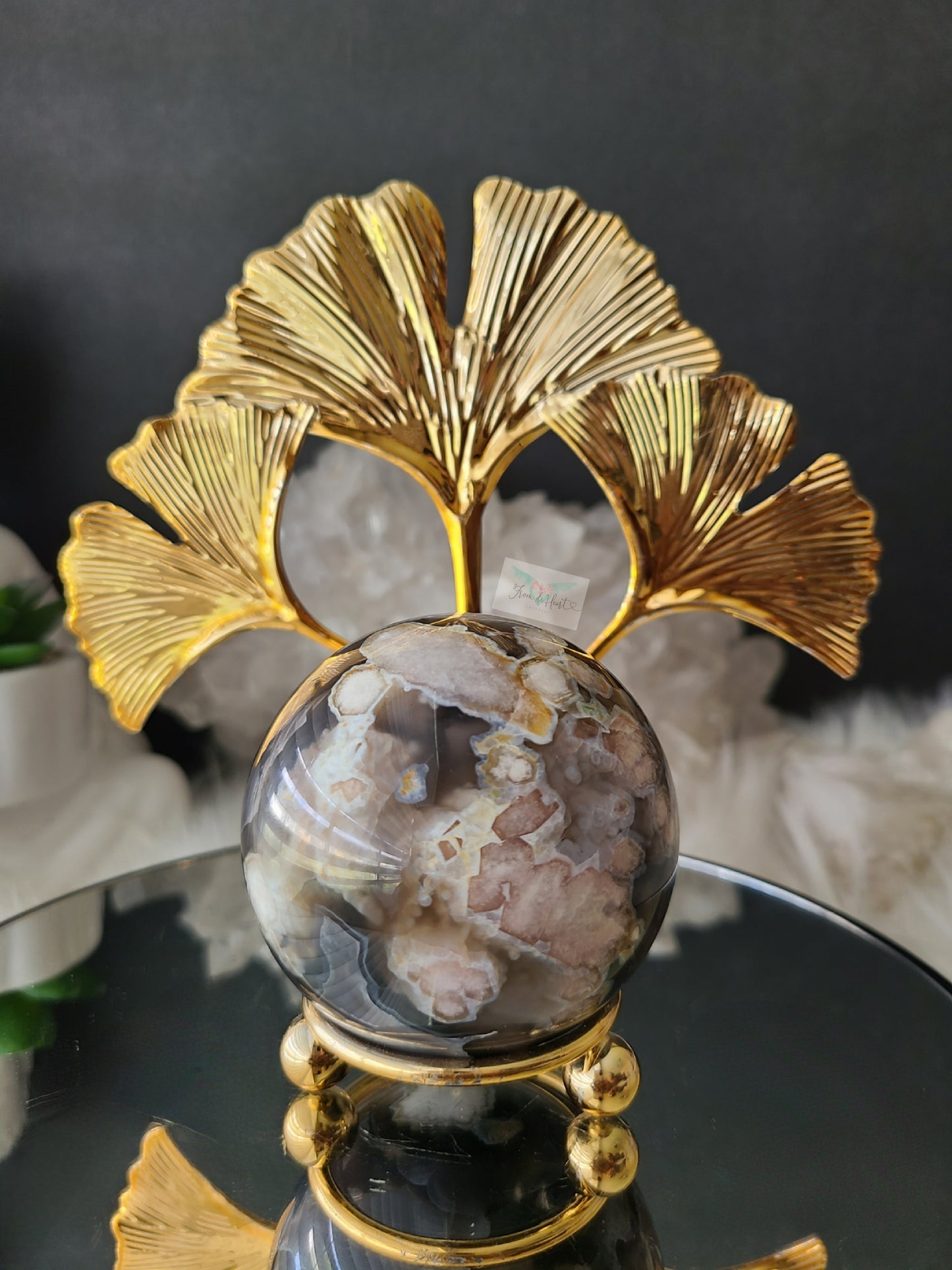 Black Flower Agate with Pyrite Sphere on stand (High Grade)