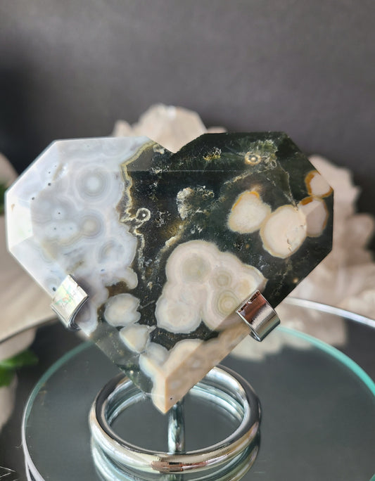 Faceted Ocean Jasper Heart on Stand