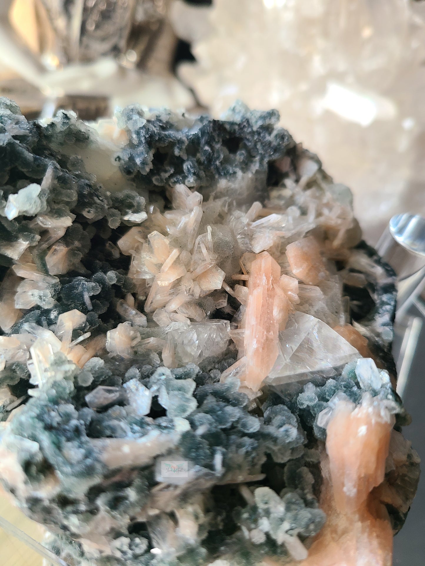 Apophyllite with Peach Stilbite on Blue Chalcedony