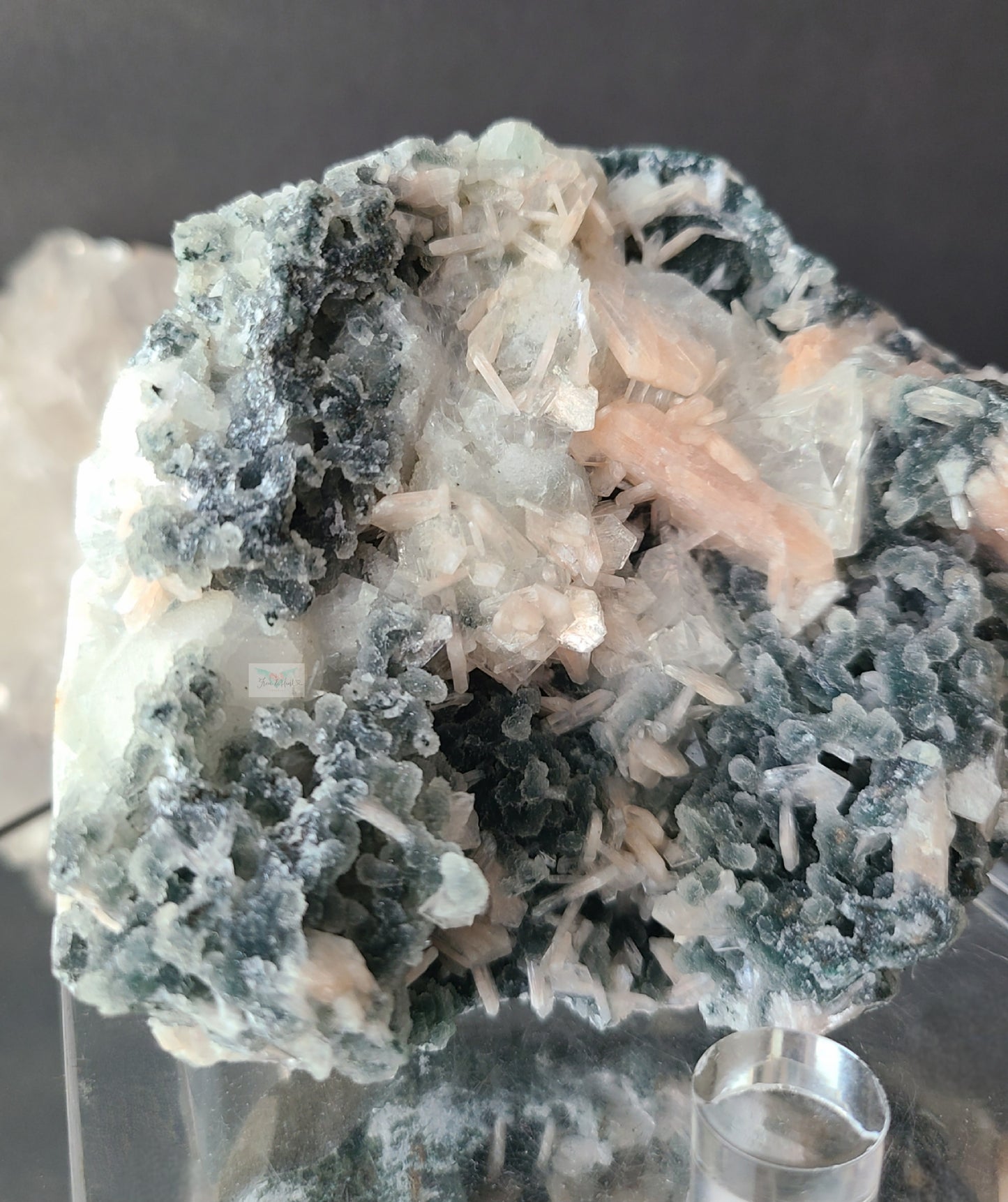 Apophyllite with Peach Stilbite on Blue Chalcedony