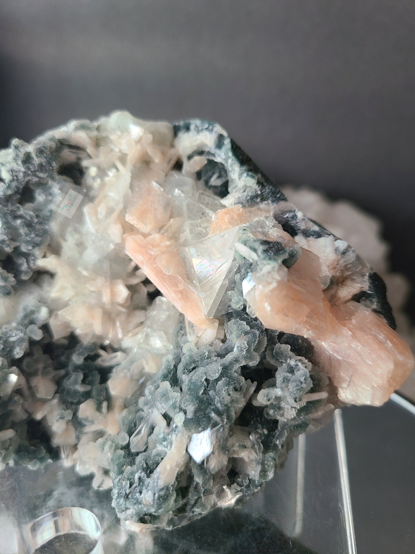 Apophyllite with Peach Stilbite on Blue Chalcedony