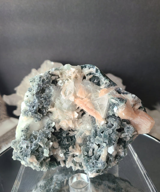 Apophyllite with Peach Stilbite on Blue Chalcedony