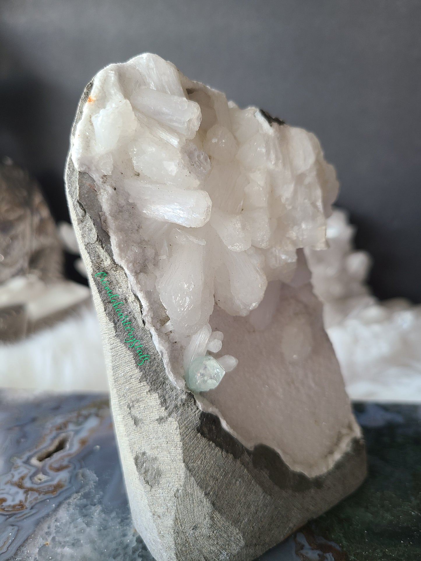 Snow White Stilbite and Green Apophyllite on Sugary Chalcedony Cut base