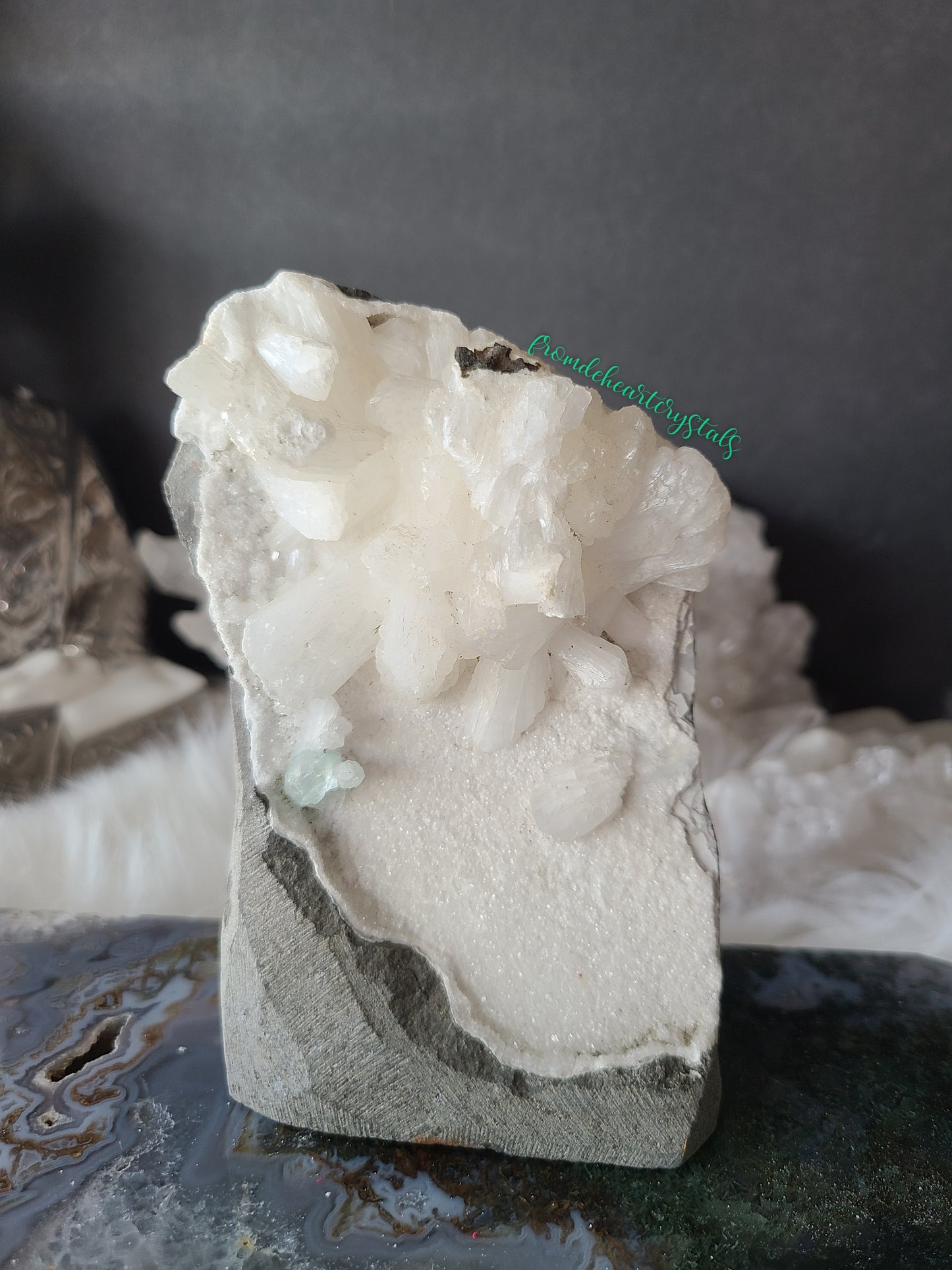 Snow White Stilbite and Green Apophyllite on Sugary Chalcedony Cut base