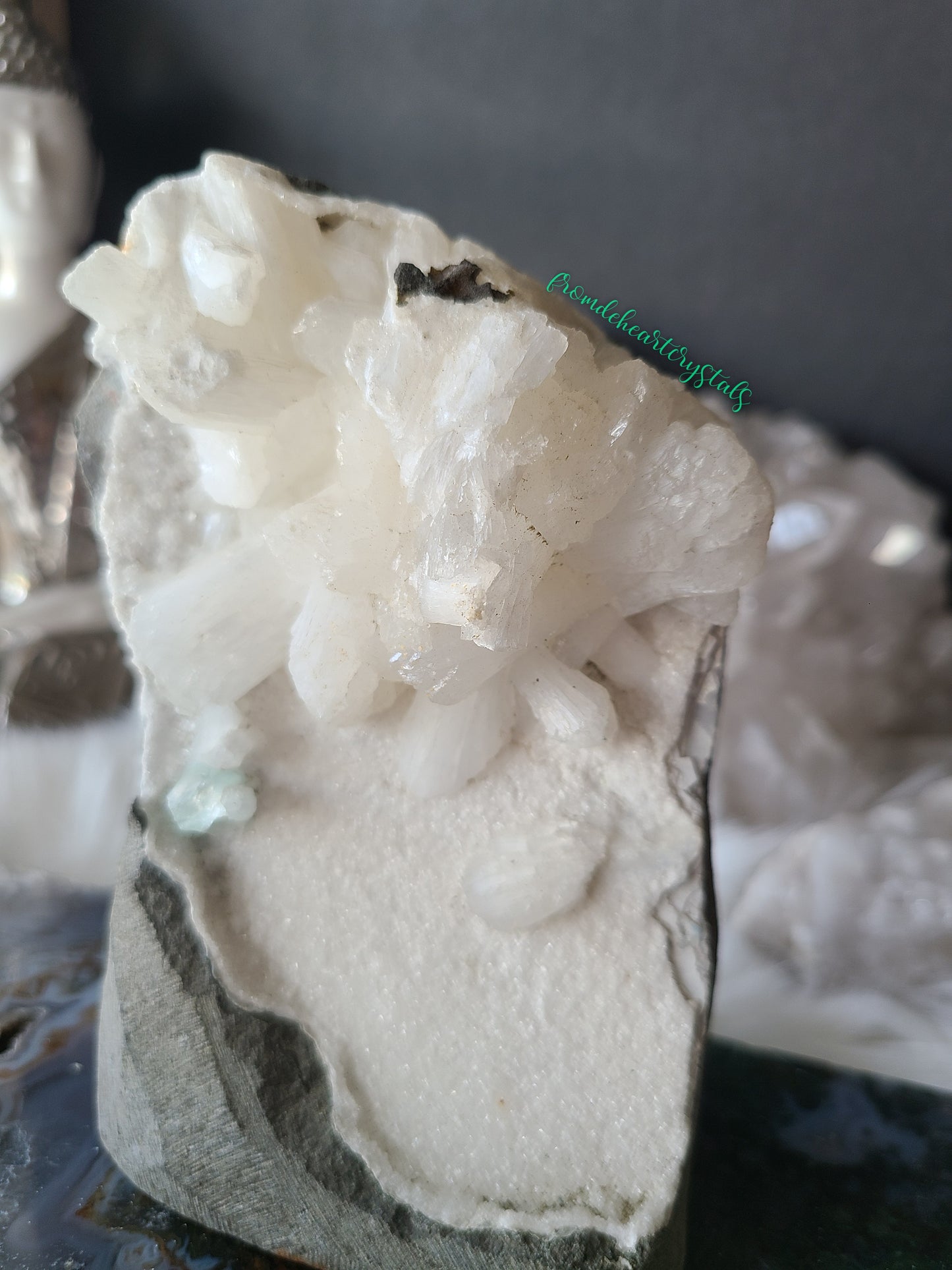 Snow White Stilbite and Green Apophyllite on Sugary Chalcedony Cut base