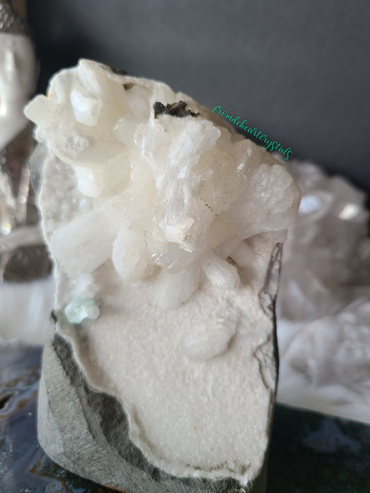 Snow White Stilbite and Green Apophyllite on Sugary Chalcedony Cut base