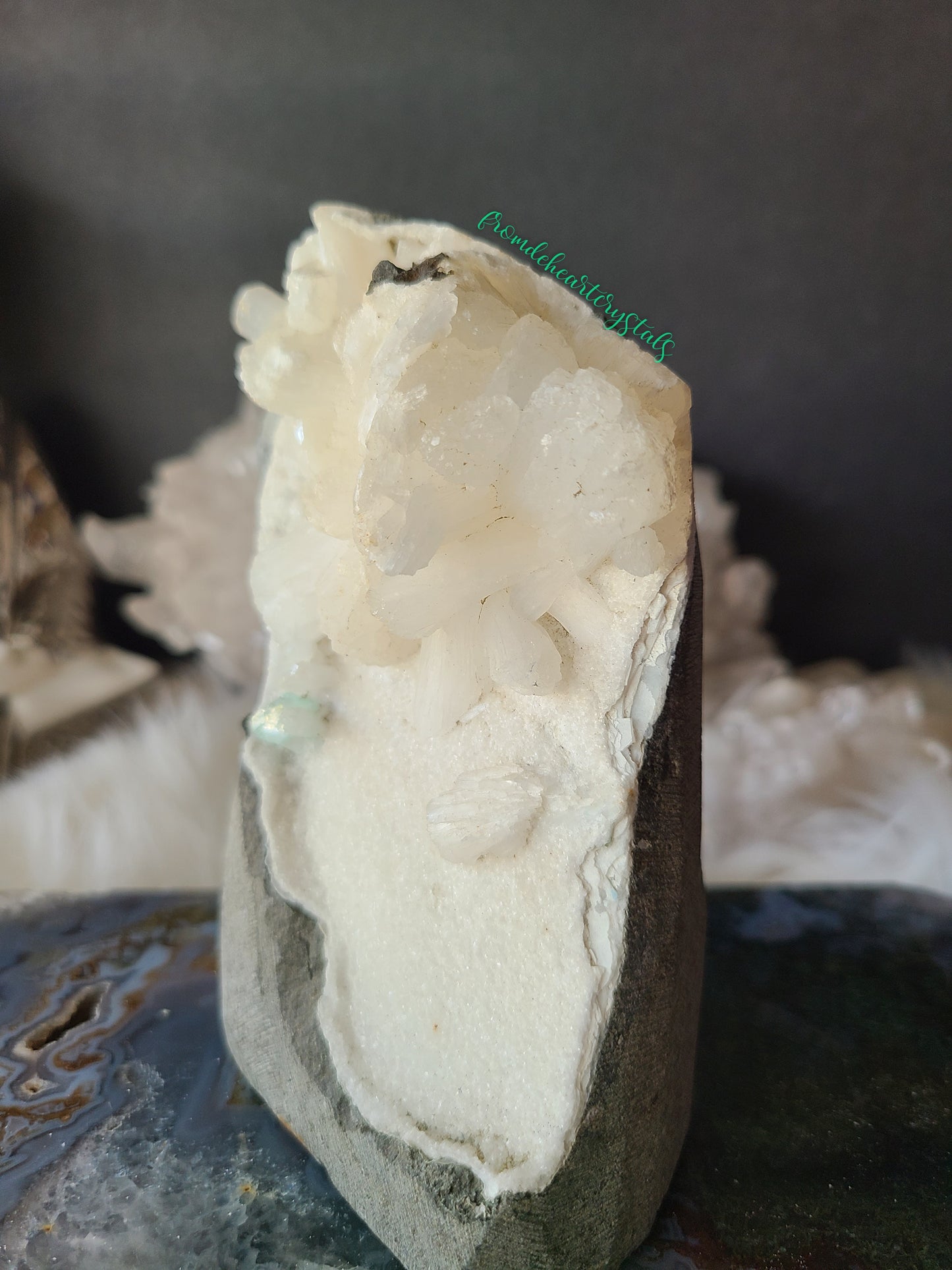 Snow White Stilbite and Green Apophyllite on Sugary Chalcedony Cut base