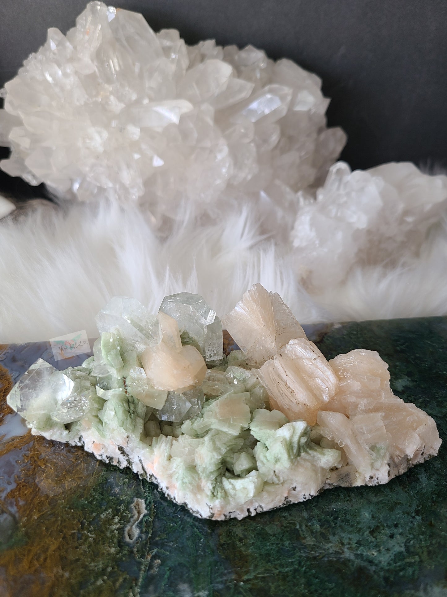 Green Cubic Apophyllite with Peach Stilbite Clusters