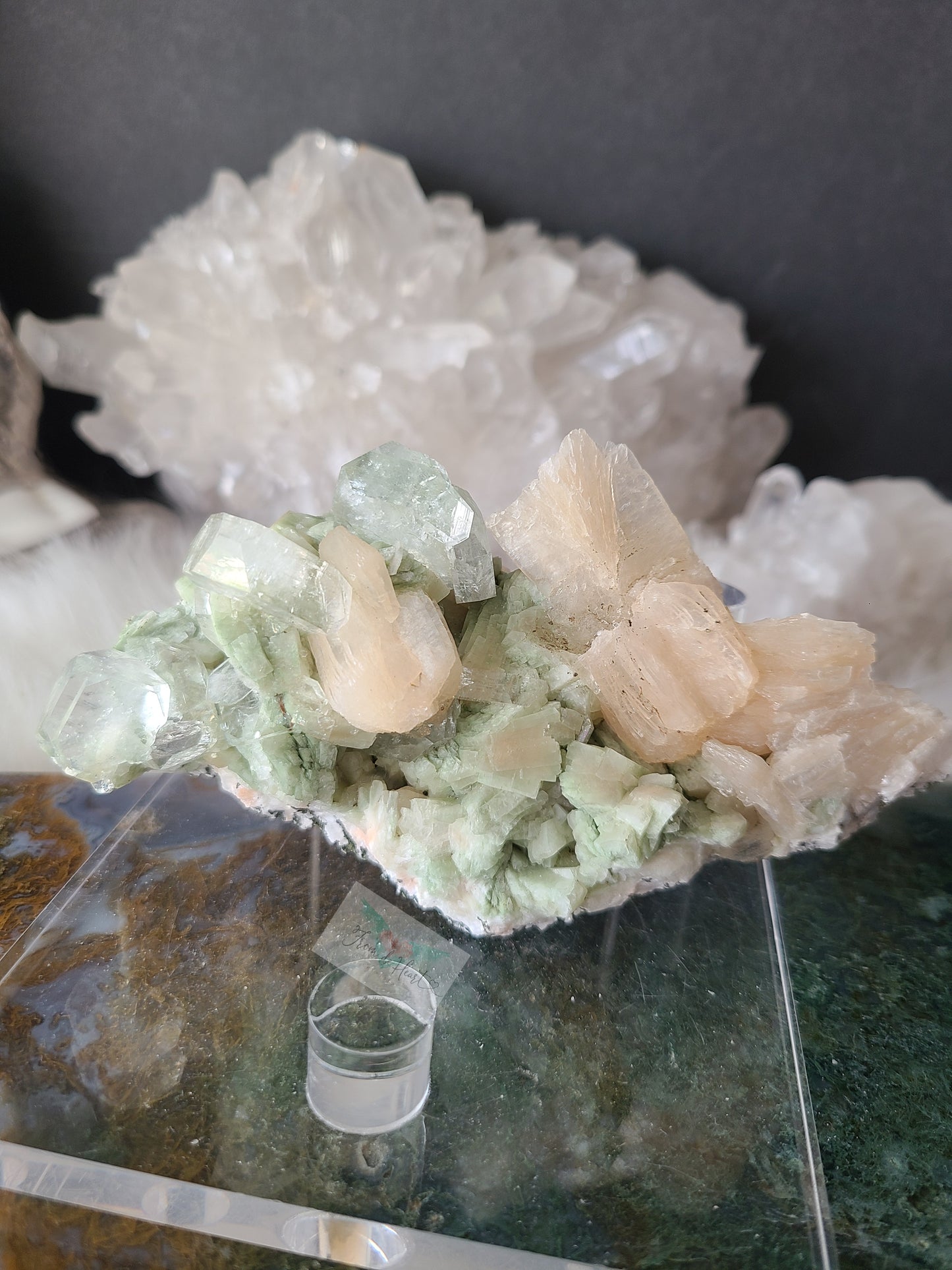 Green Cubic Apophyllite with Peach Stilbite Clusters