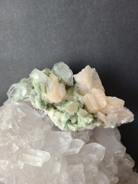 Green Cubic Apophyllite with Peach Stilbite Clusters