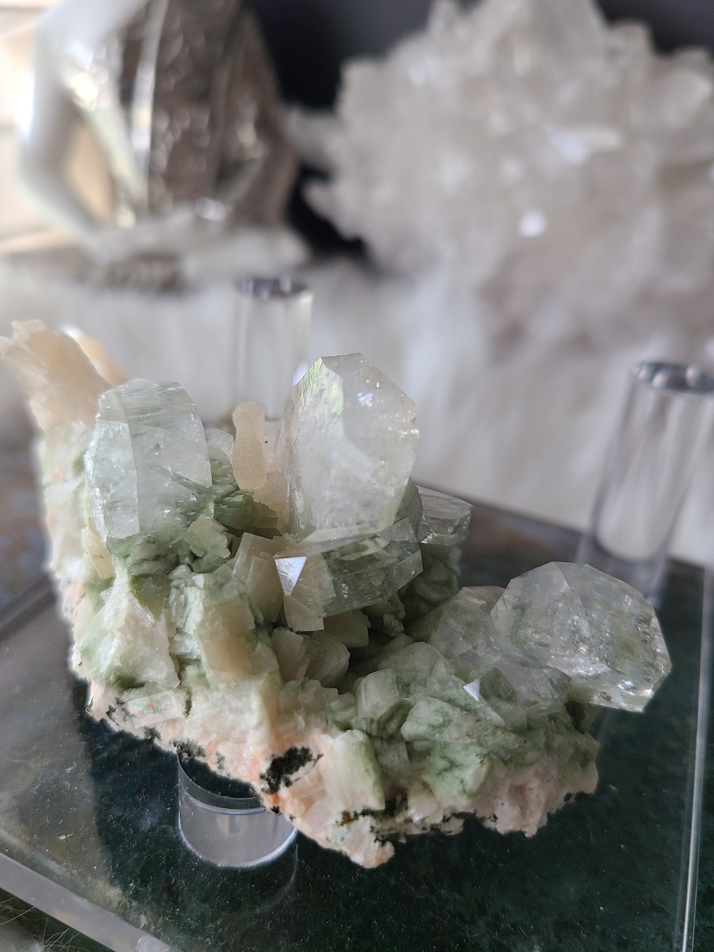 Green Cubic Apophyllite with Peach Stilbite Clusters