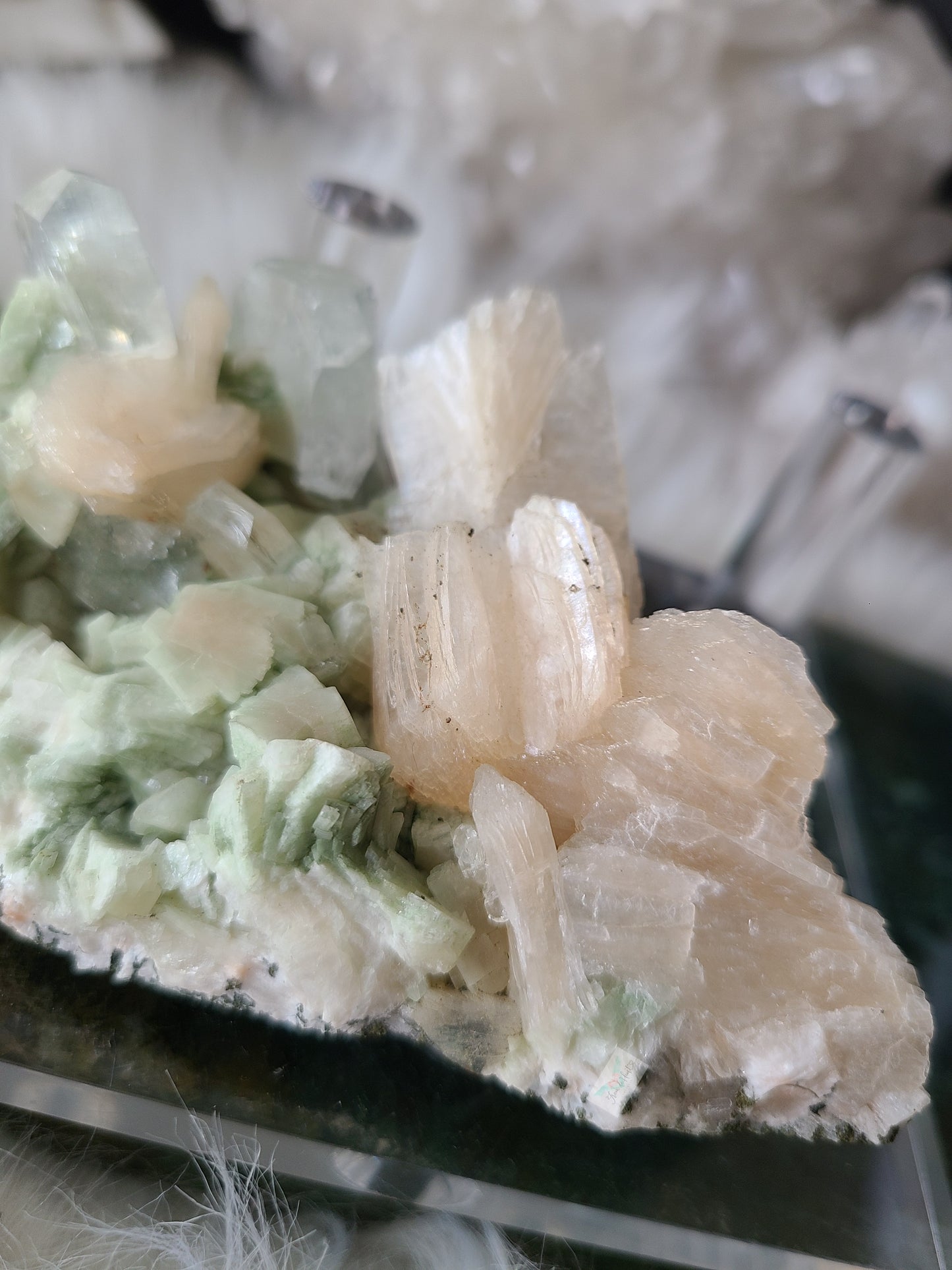 Green Cubic Apophyllite with Peach Stilbite Clusters