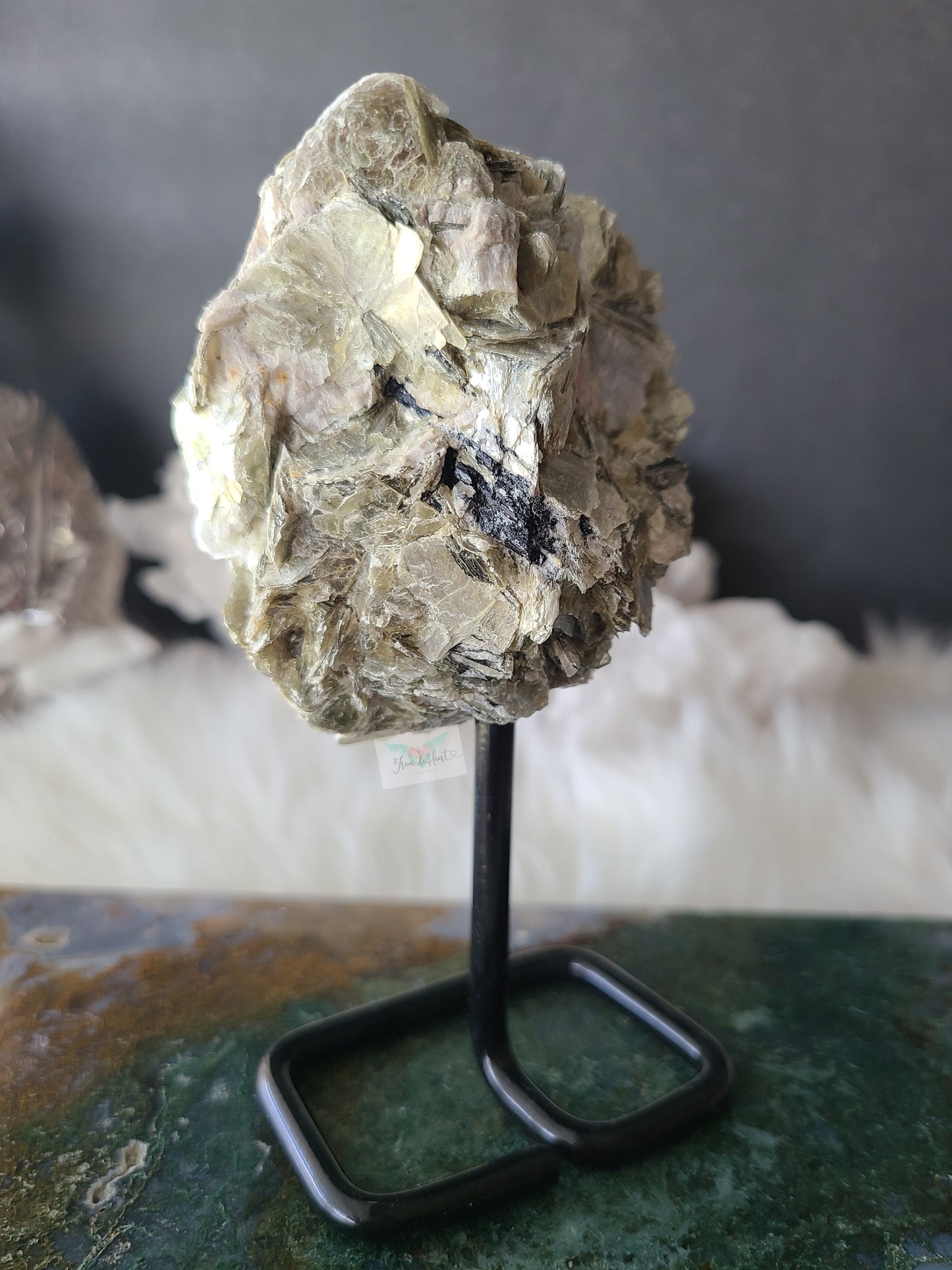 Golden Mica with Tourmaline on Pin Stand