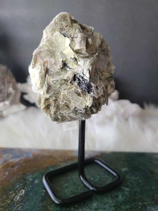Golden Mica with Tourmaline on Pin Stand