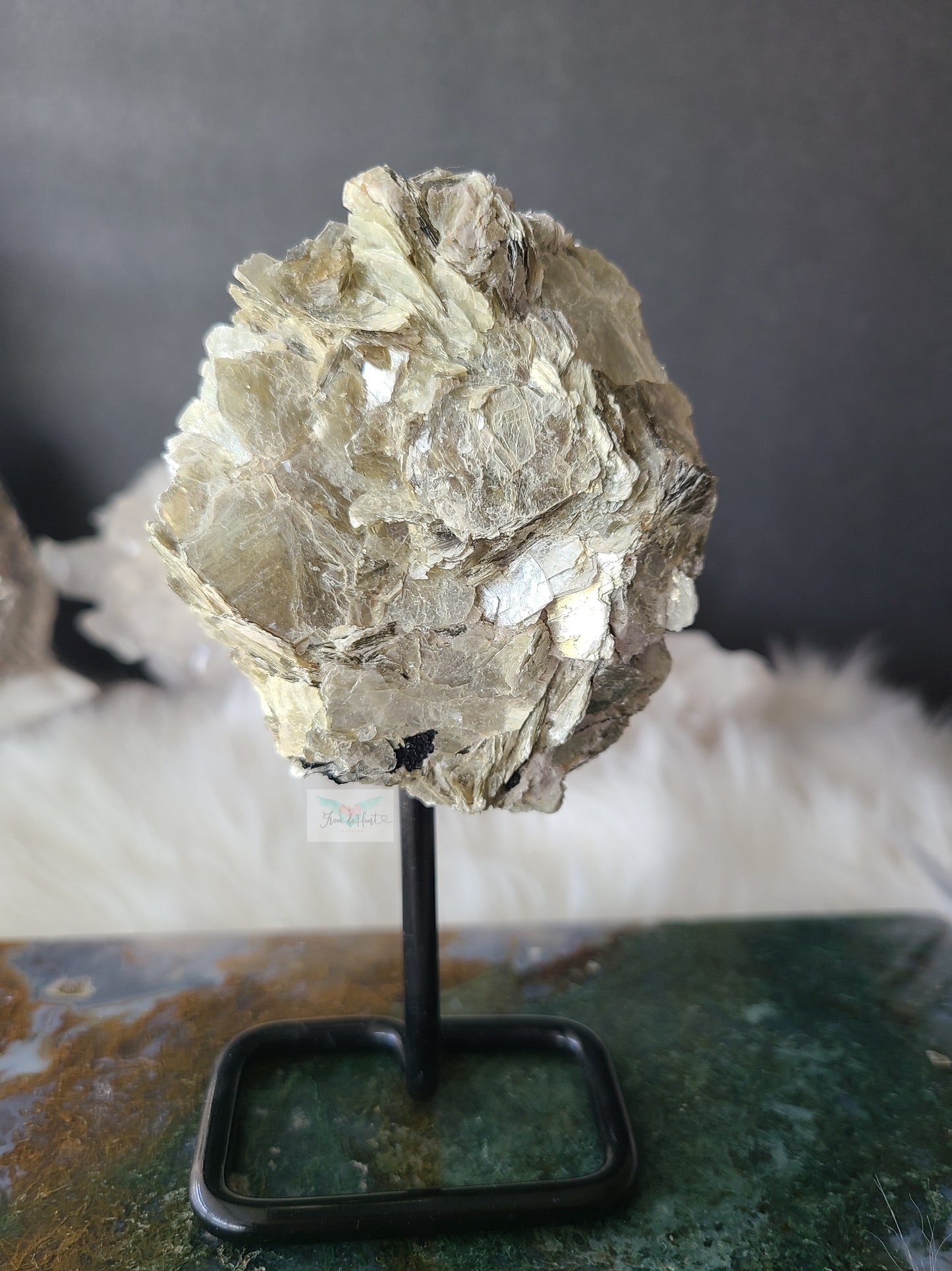 Golden Mica with Tourmaline on Pin Stand