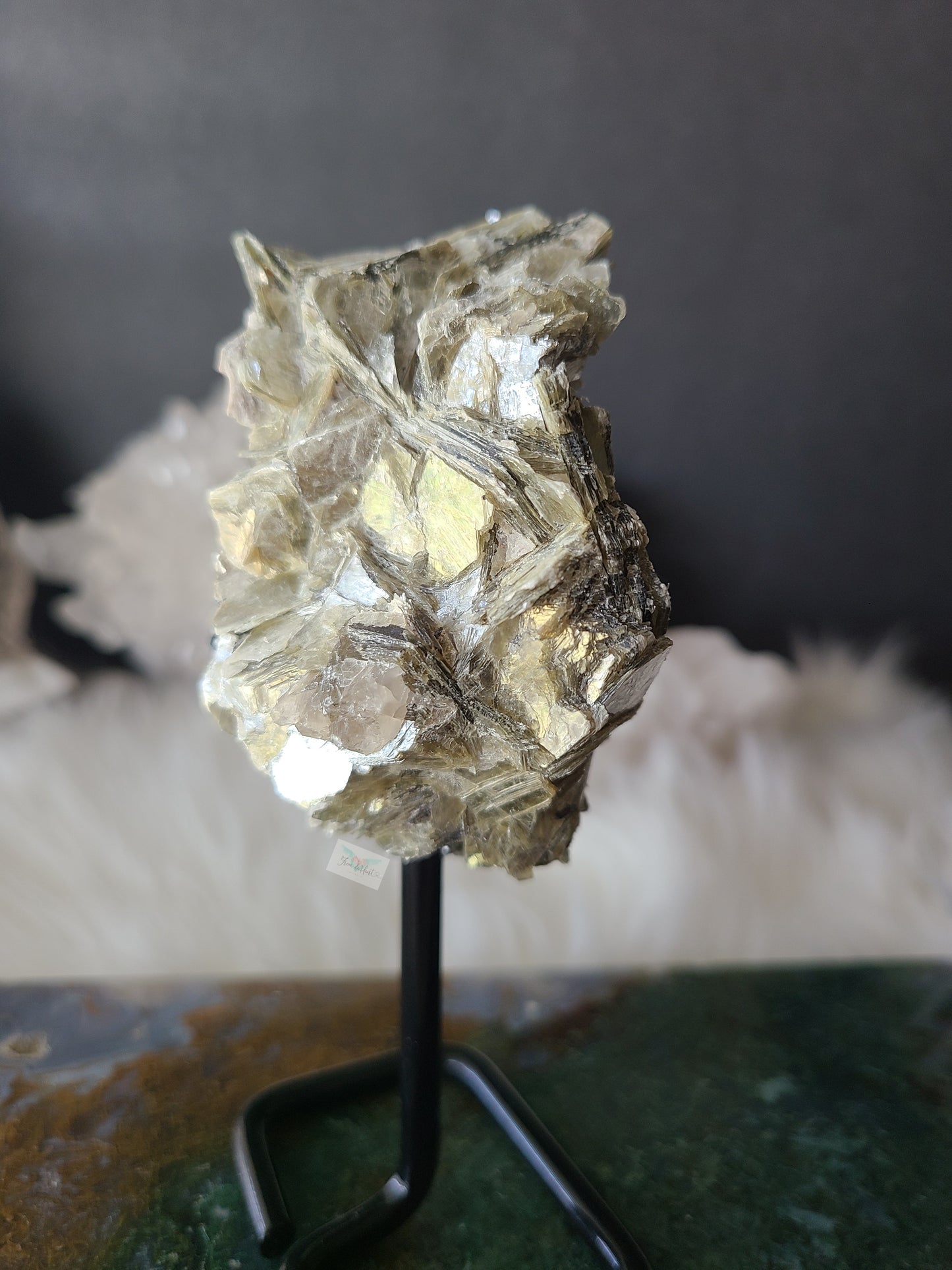 Golden Mica with Tourmaline on Pin Stand