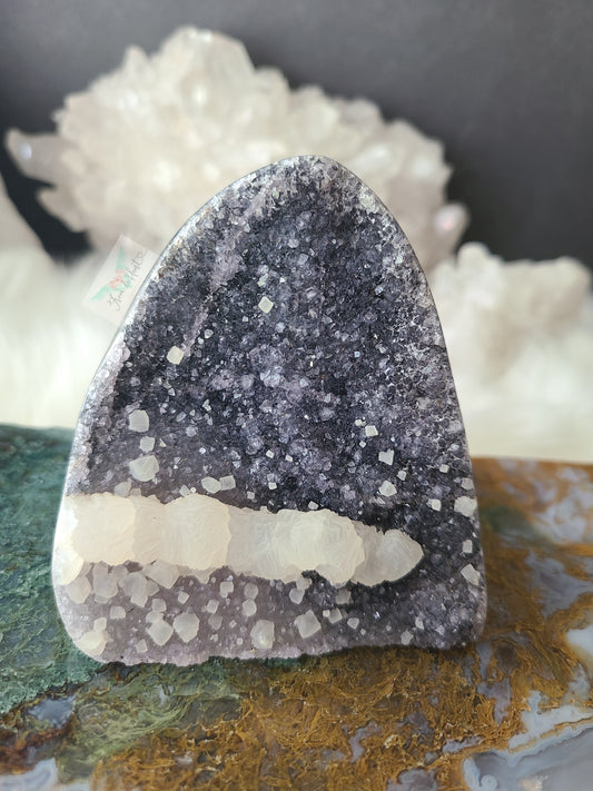Black Amethyst Cutbase with Calcite