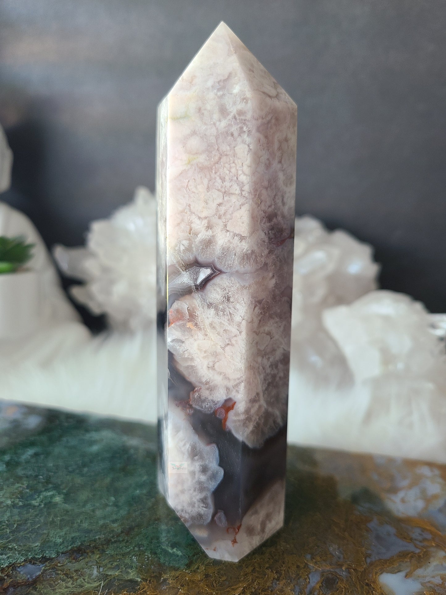 High Quality Black Flower Agate Tower