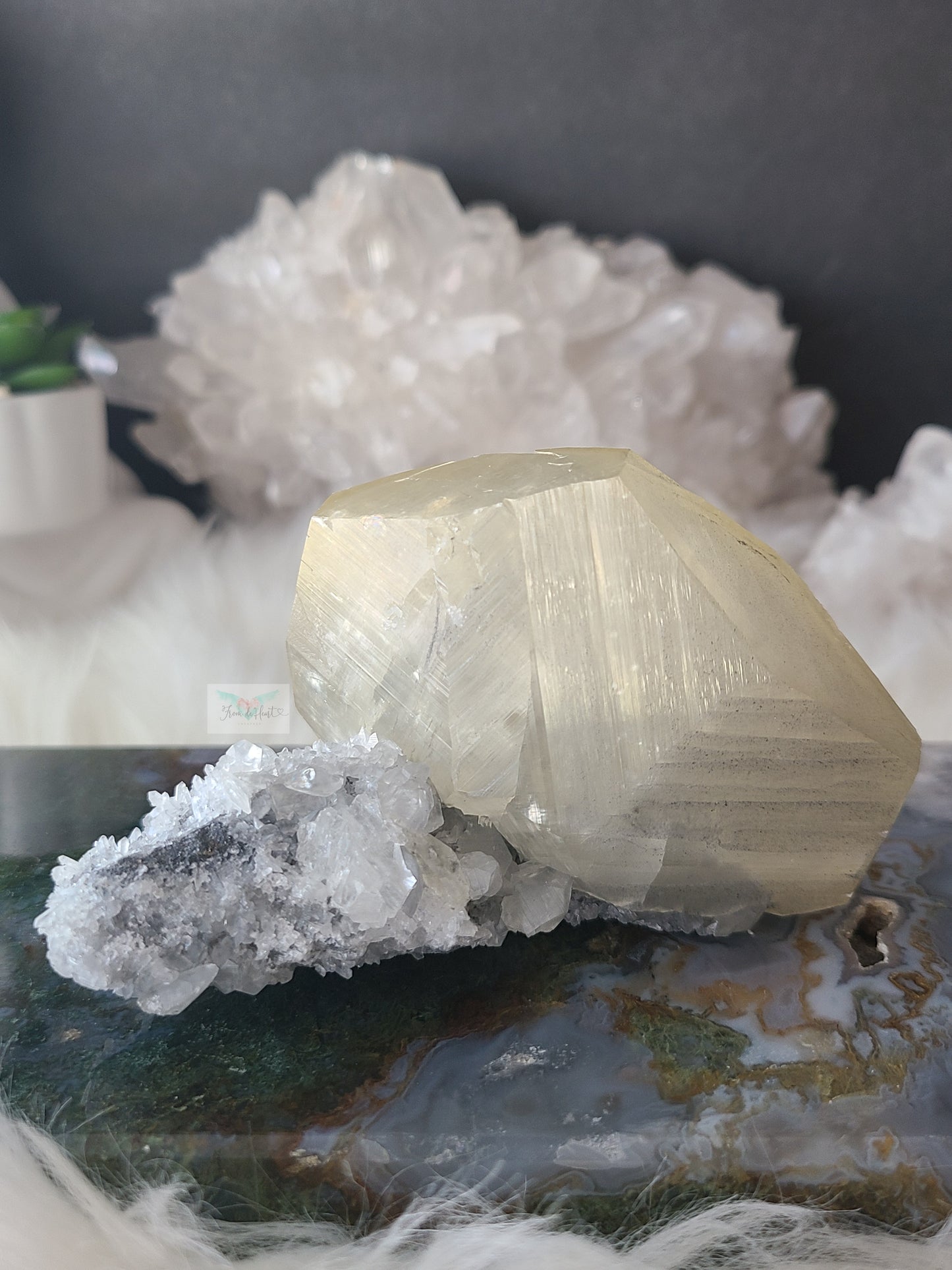 Benz Calcite on Flowery Quartz Cluster