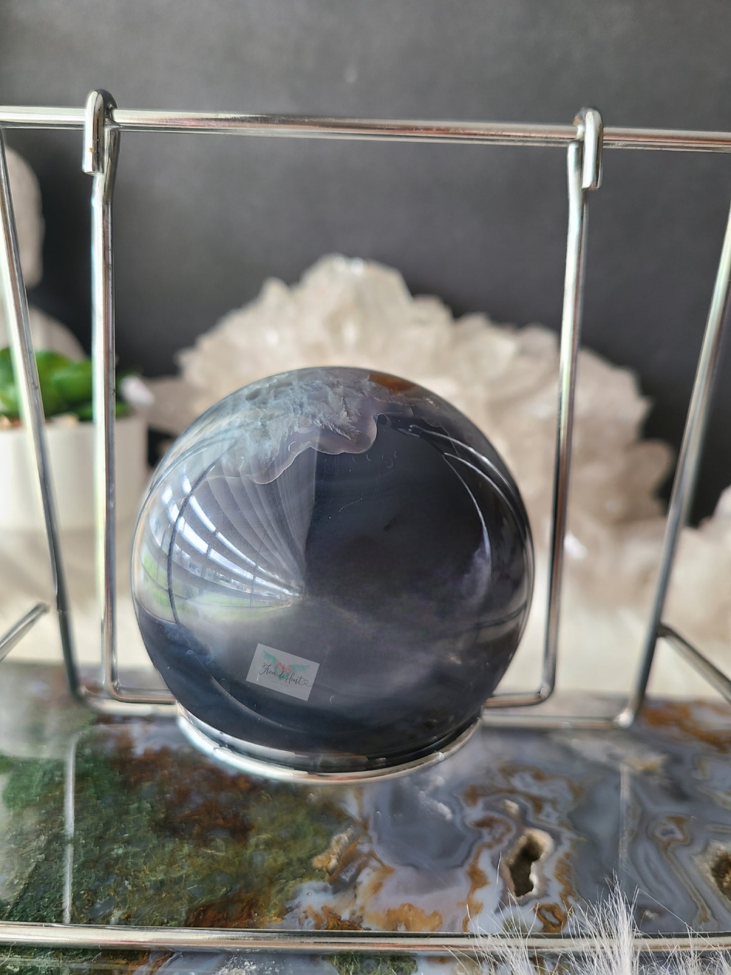 Green Quartz Flower Agate Sphere on Swinging Stand (Rare Find)