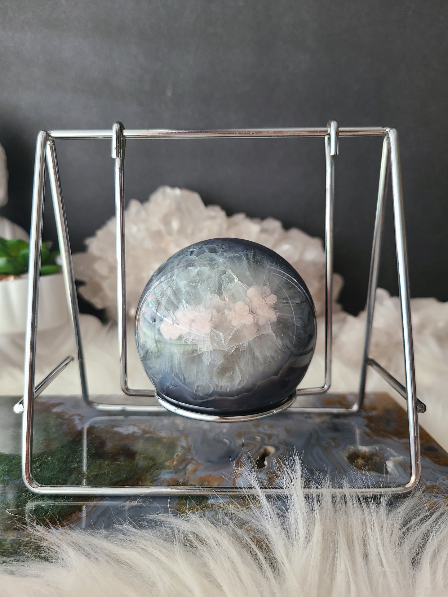 Green Quartz Flower Agate Sphere on Swinging Stand (Rare Find)