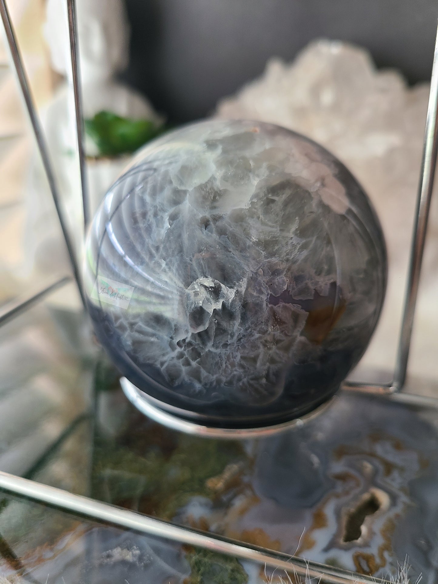 Green Quartz Flower Agate Sphere on Swinging Stand (Rare Find)