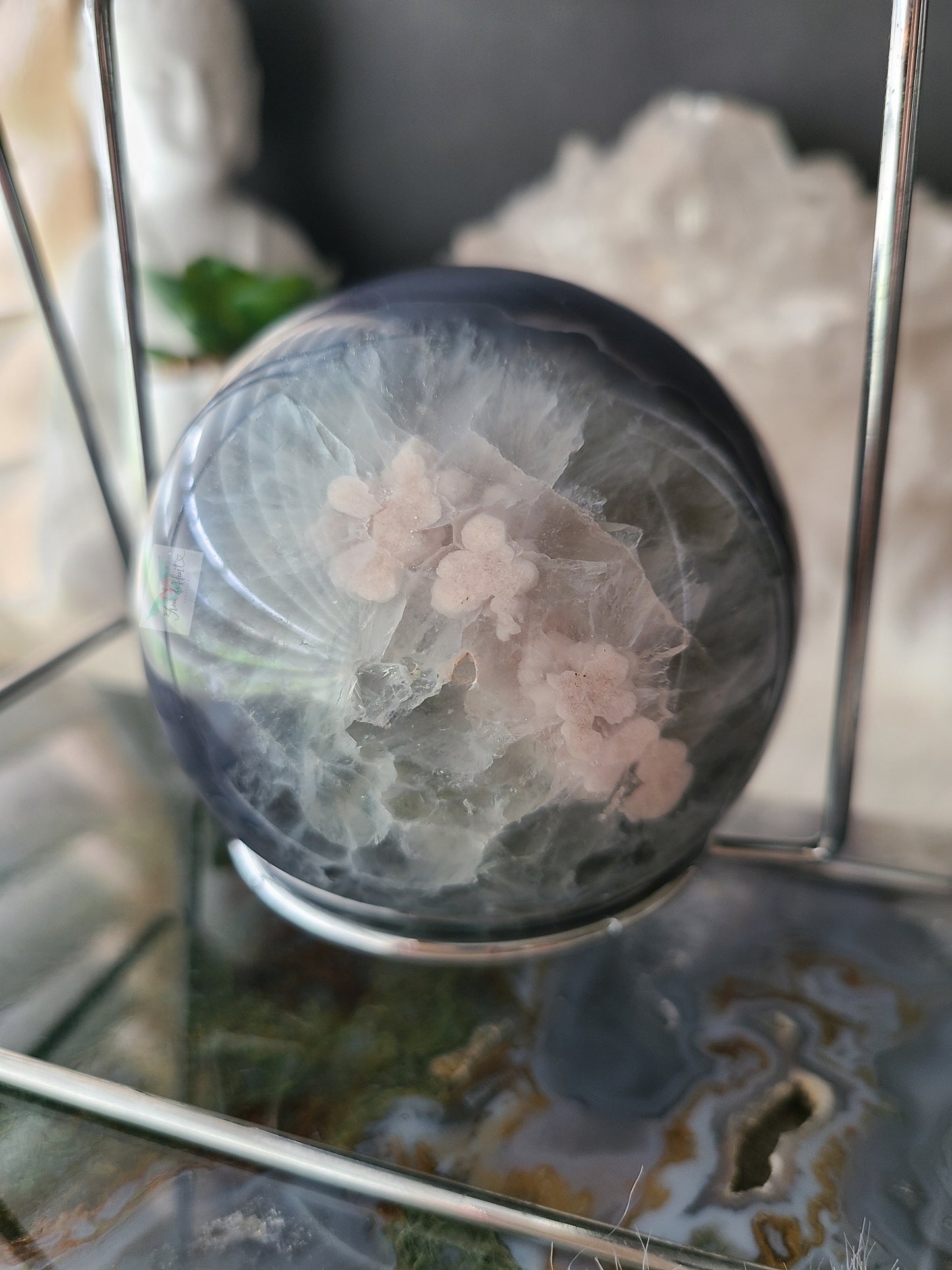 Green Quartz Flower Agate Sphere on Swinging Stand (Rare Find)