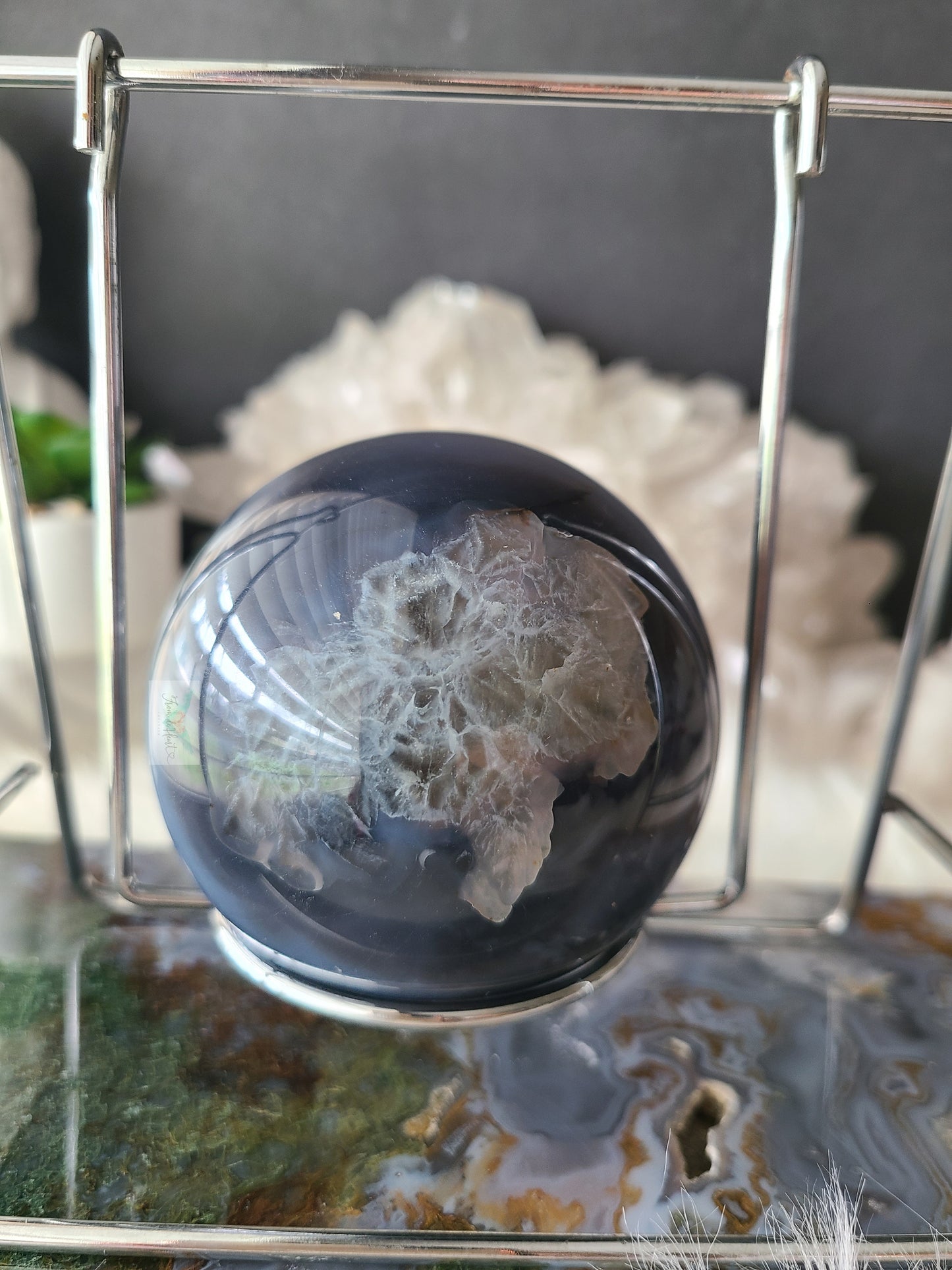 Green Quartz Flower Agate Sphere on Swinging Stand (Rare Find)