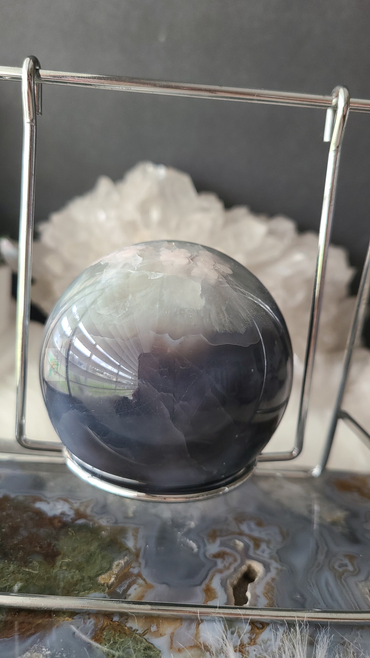 Green Quartz Flower Agate Sphere on Swinging Stand (Rare Find)