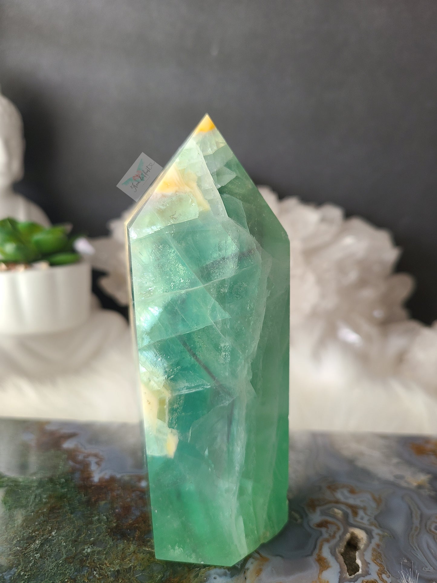 Green and Yellow Fluorite Tower