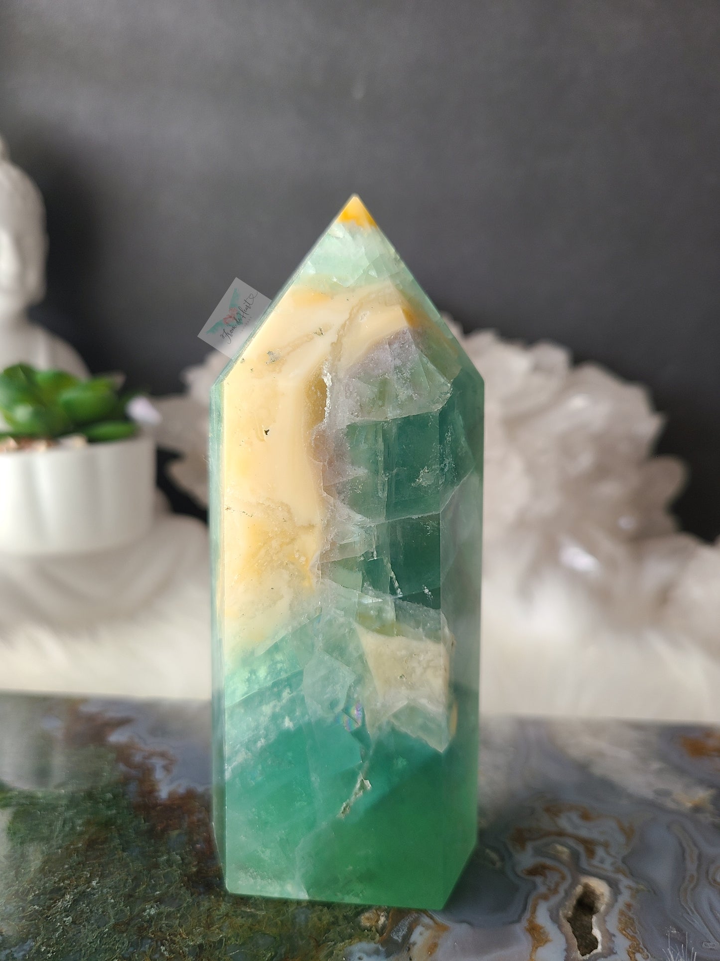 Green and Yellow Fluorite Tower