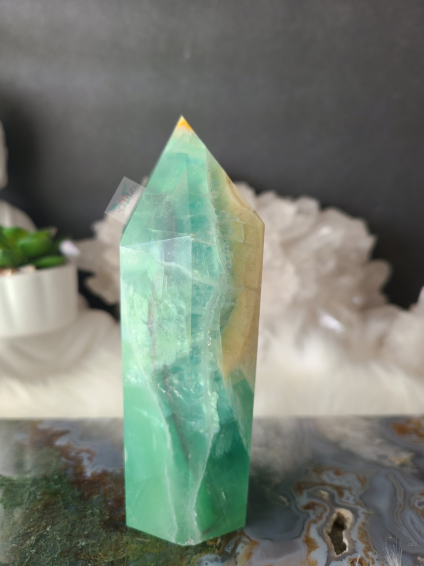 Green and Yellow Fluorite Tower