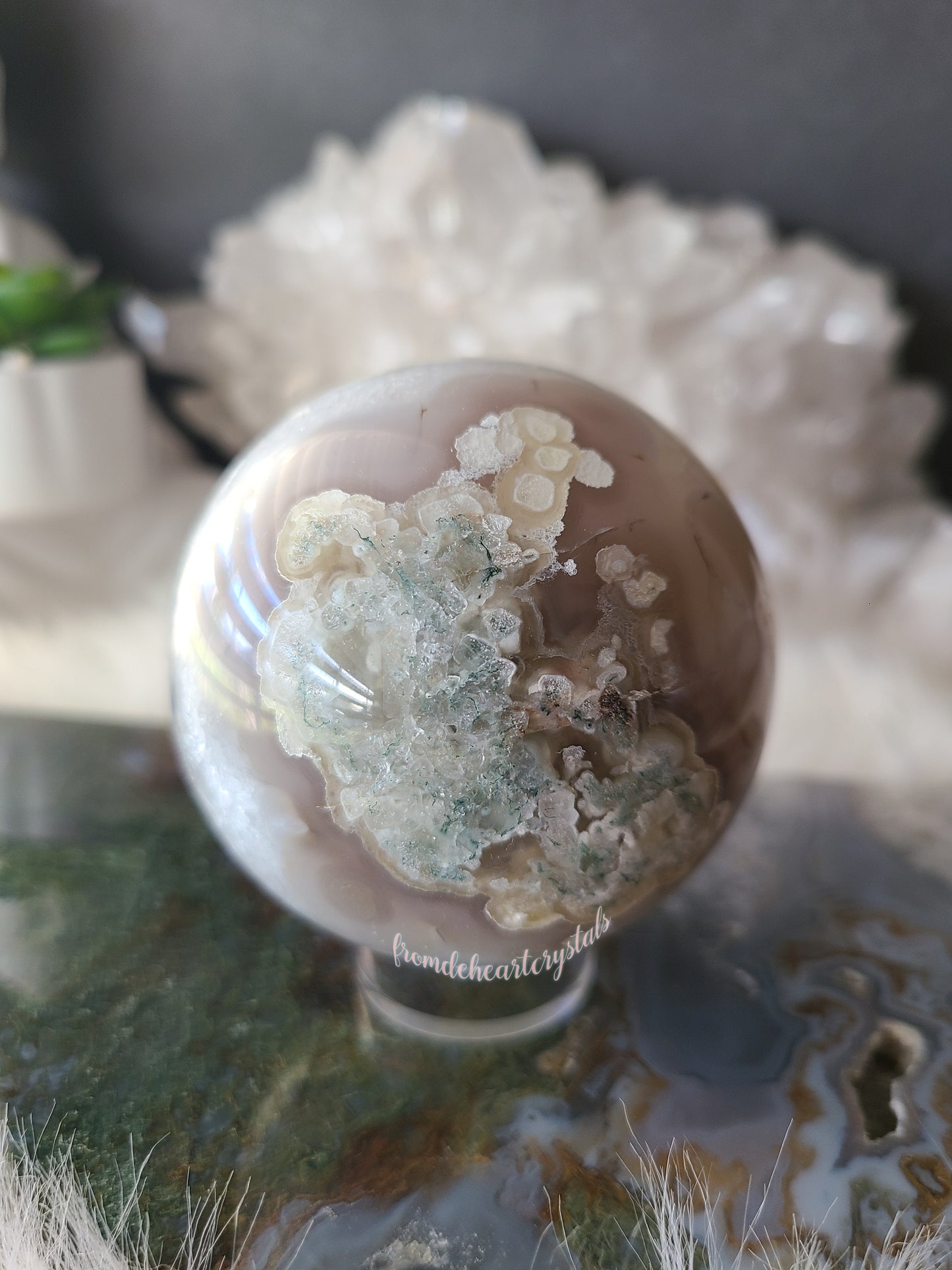 Moss Agate Calcite Sphere (Rare Find)