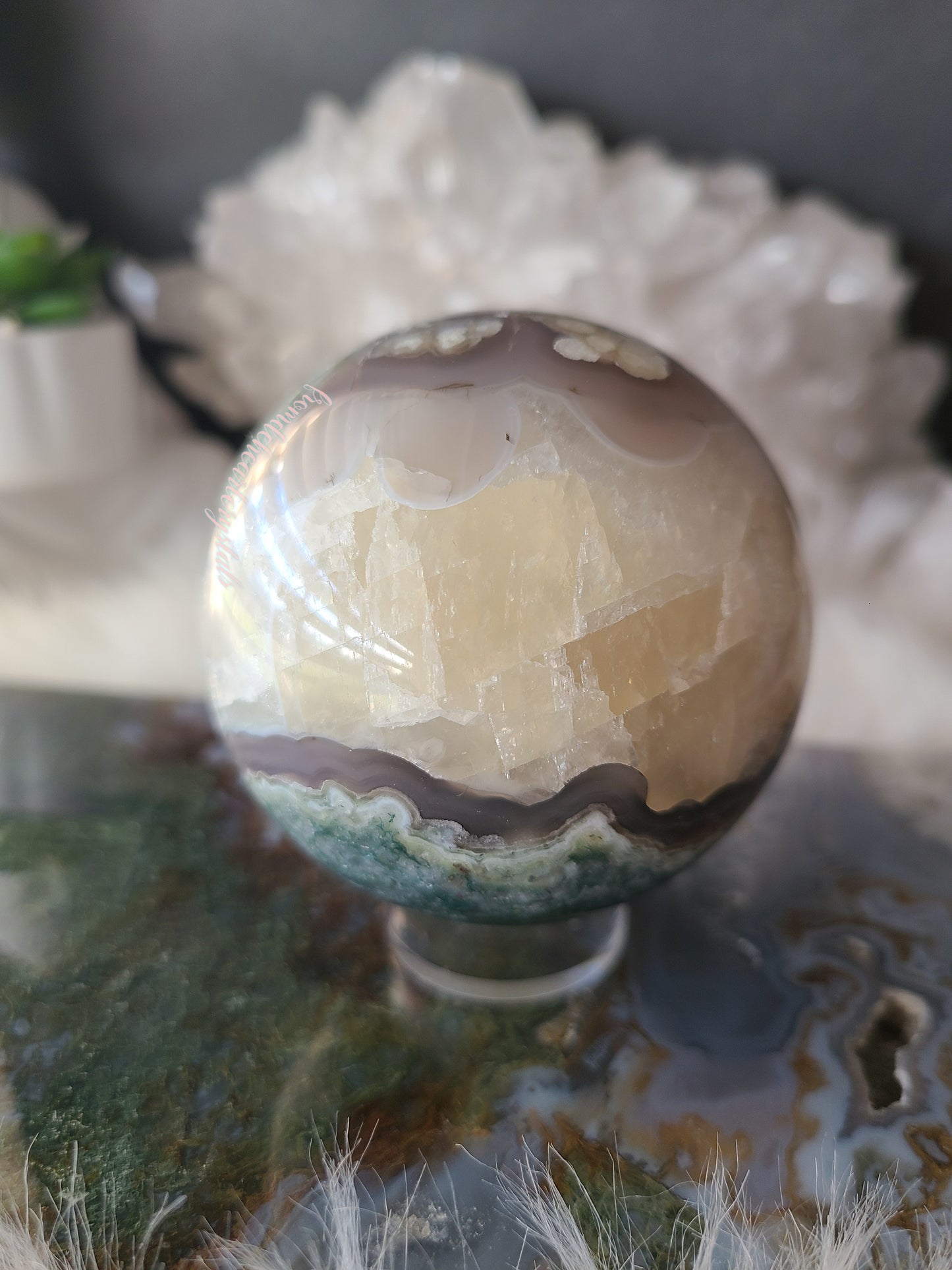 Moss Agate Calcite Sphere (Rare Find)