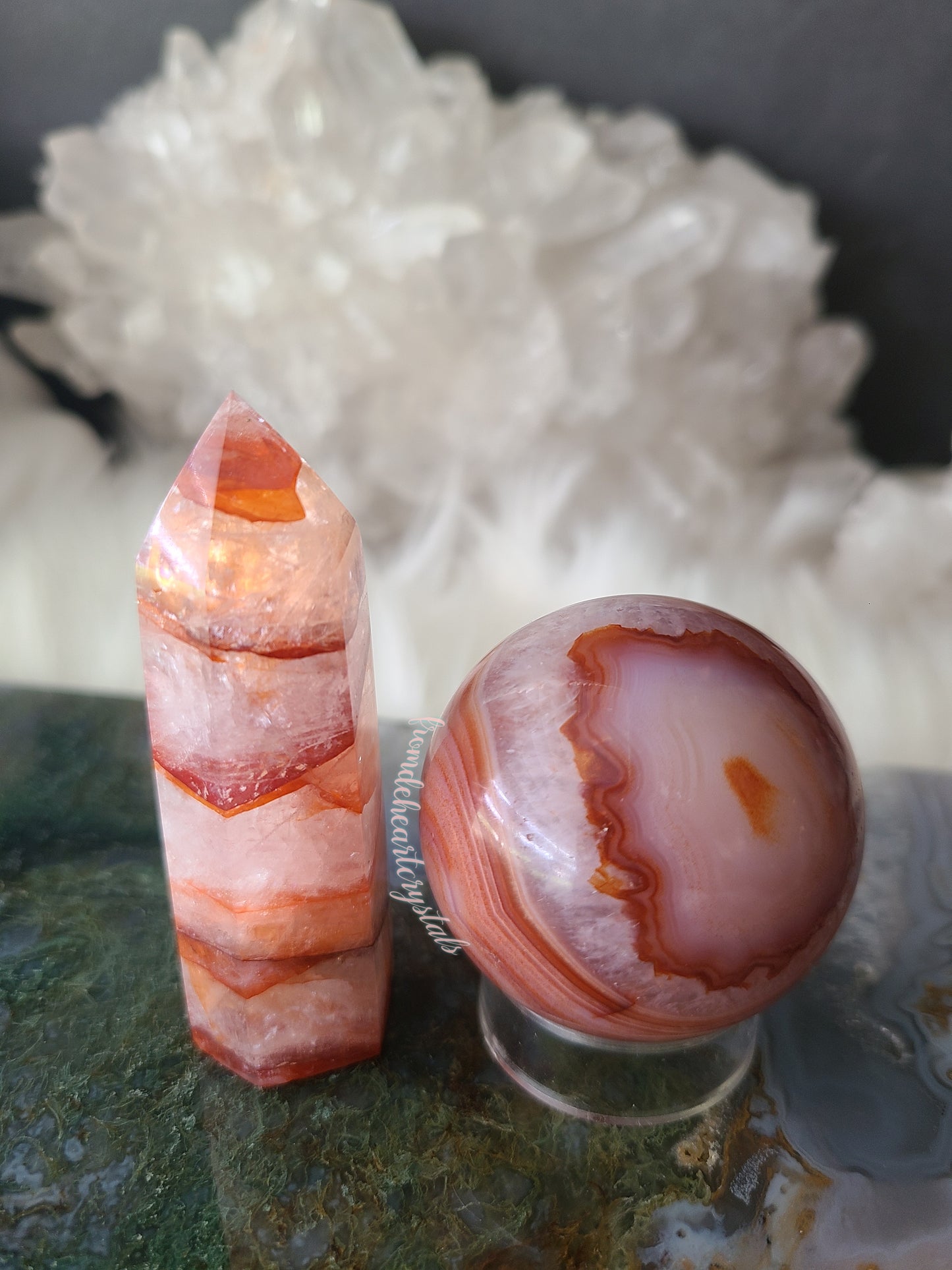 Carnelian Sphere Fire Quartz Point Set
