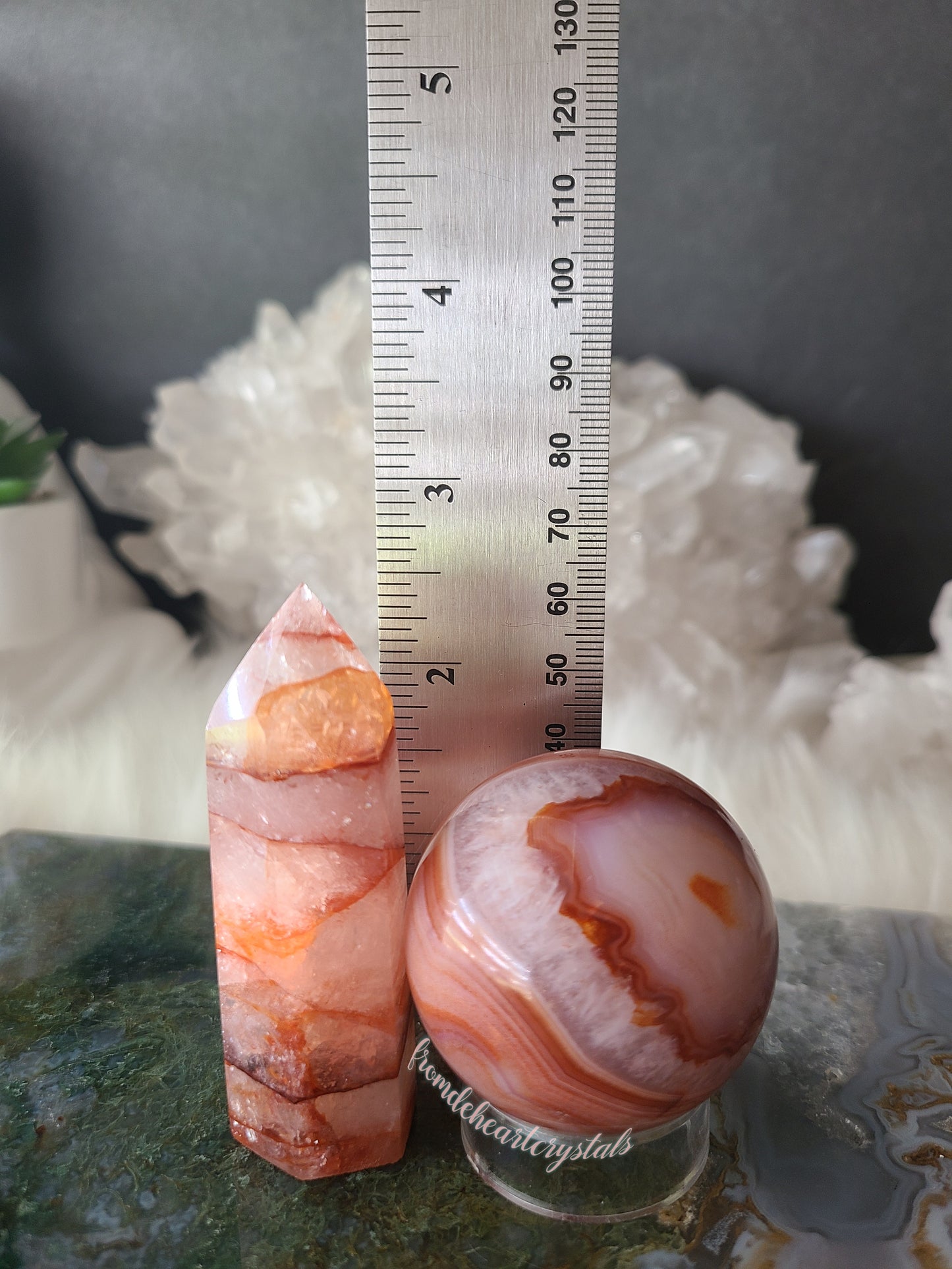 Carnelian Sphere Fire Quartz Point Set