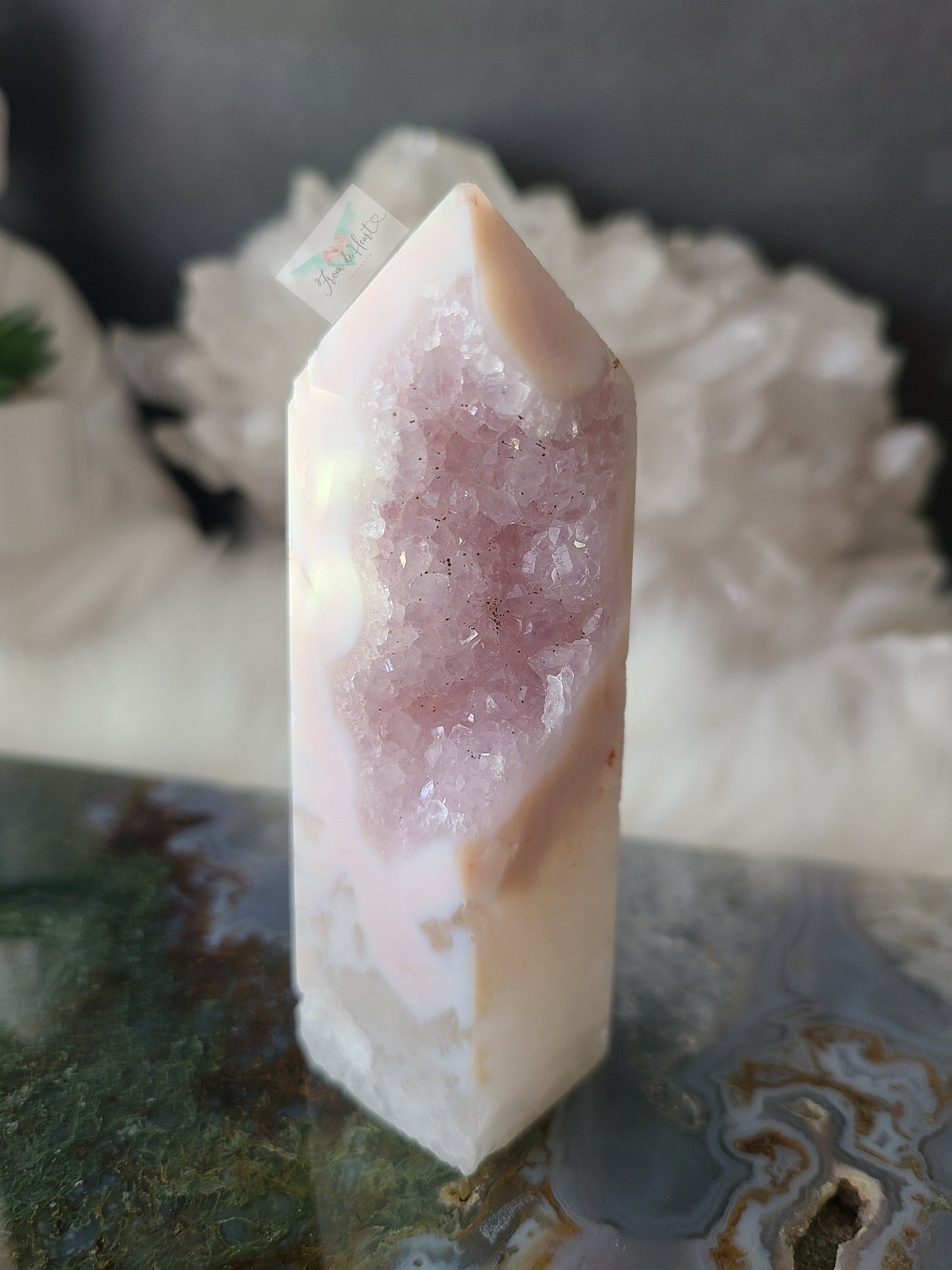 Pink Amethyst with Quartz and Lavender Druzy Tower
