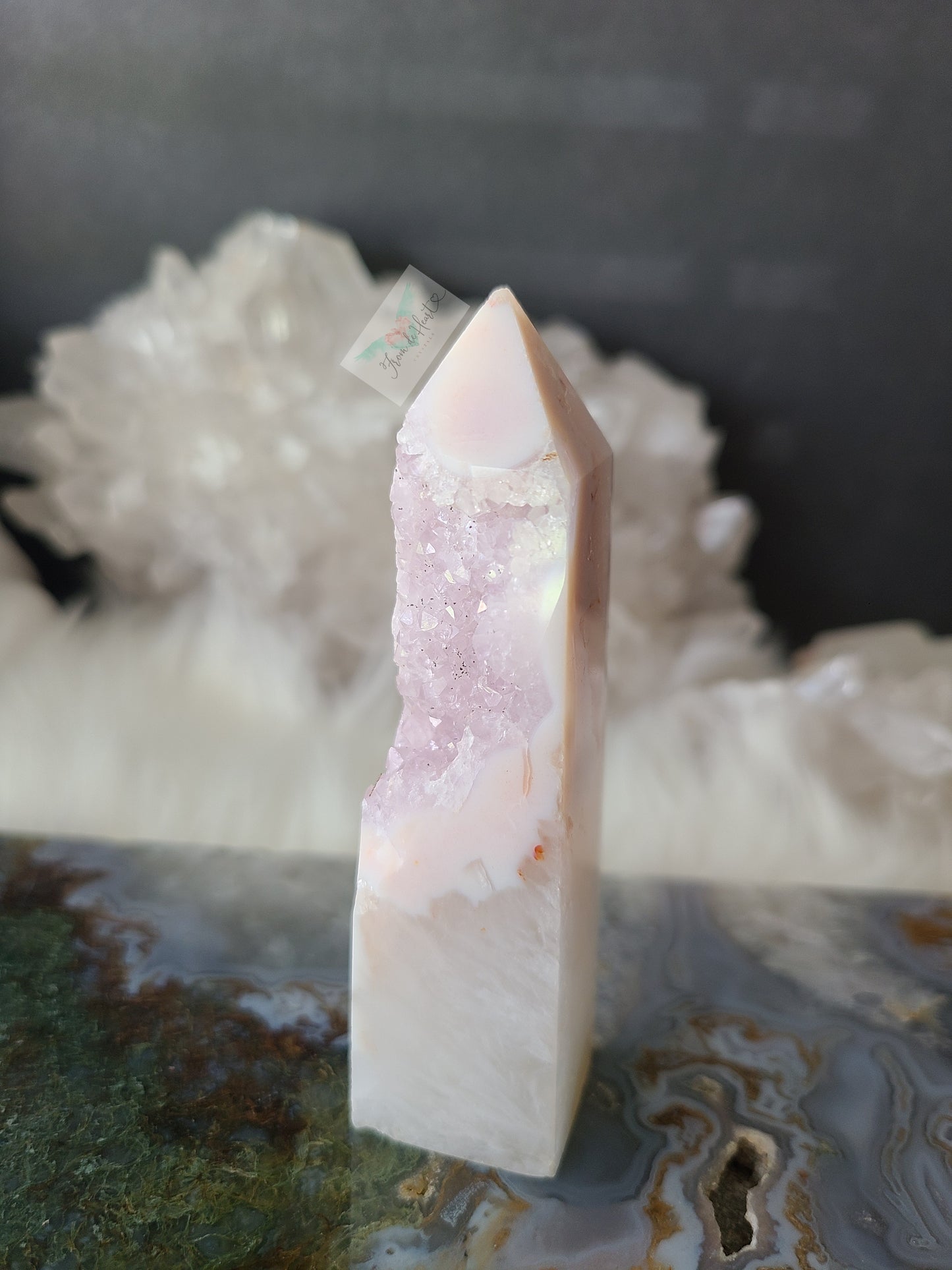 Pink Amethyst with Quartz and Lavender Druzy Tower