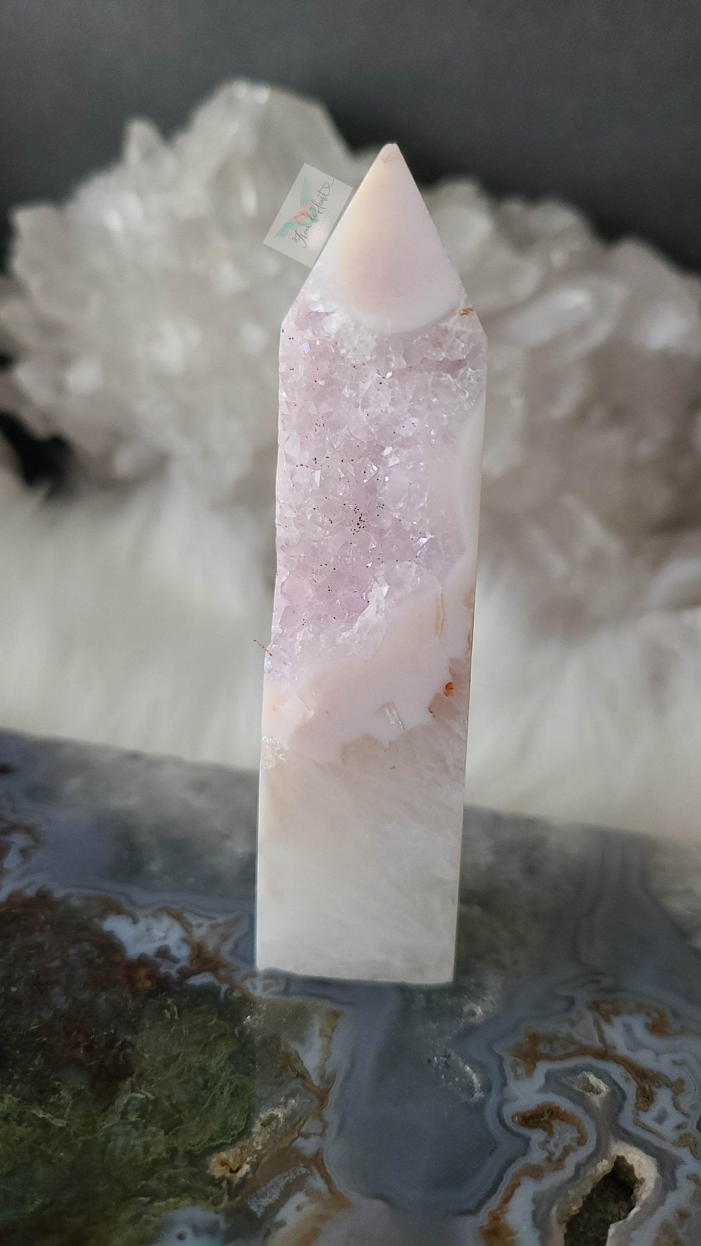 Pink Amethyst with Quartz and Lavender Druzy Tower