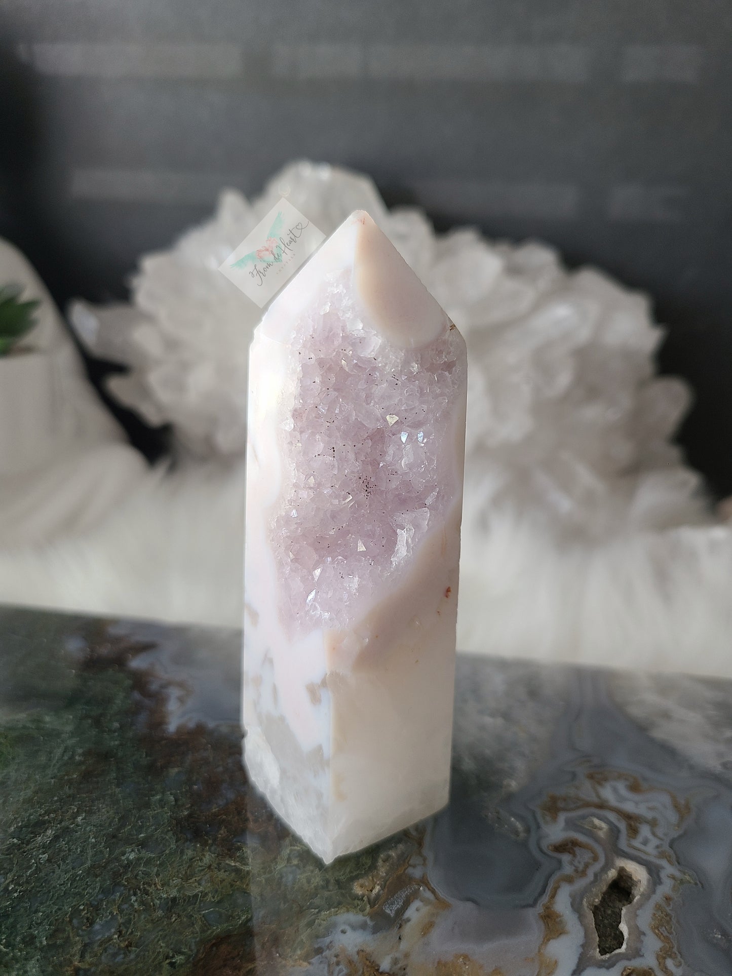 Pink Amethyst with Quartz and Lavender Druzy Tower