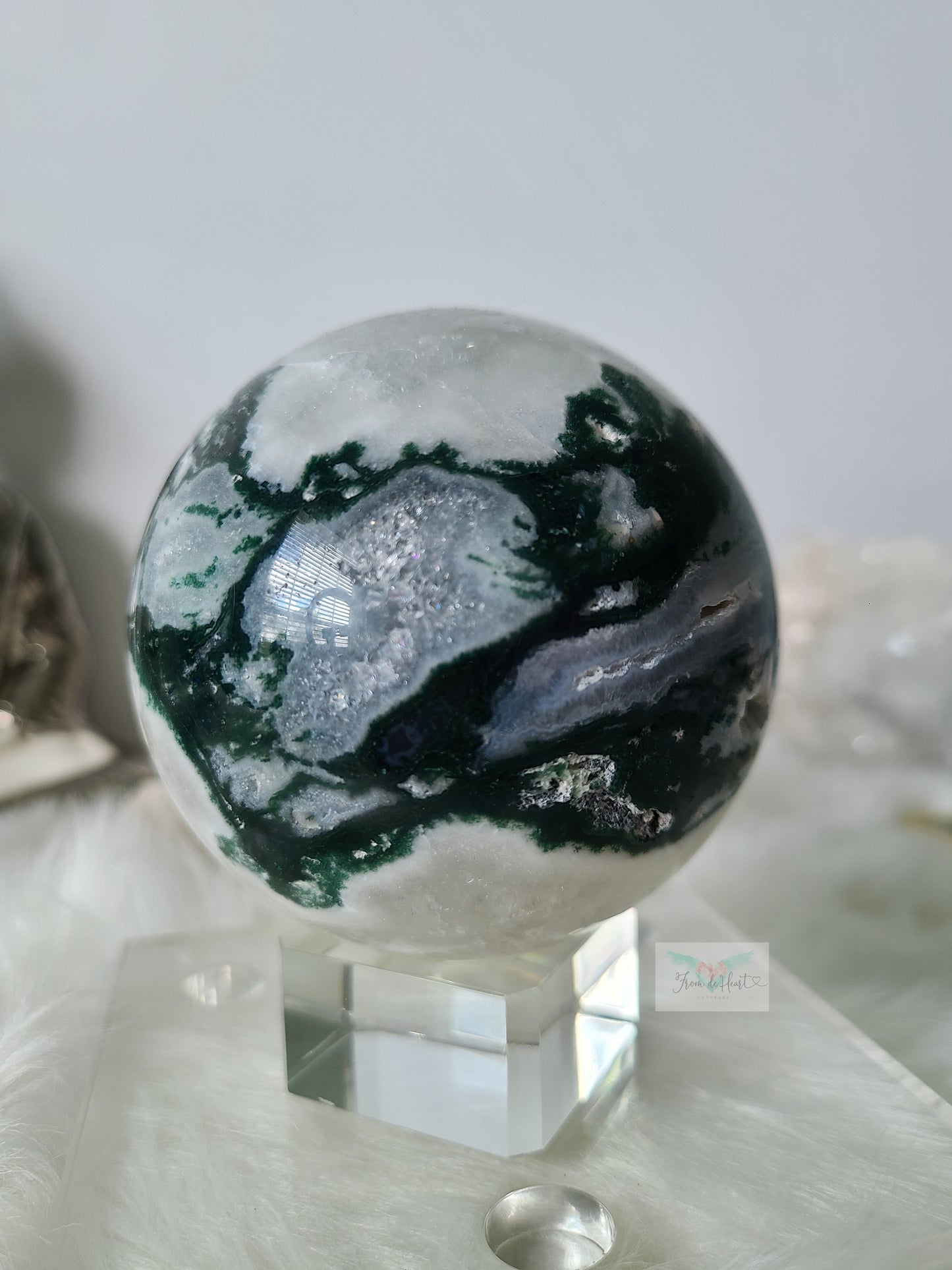 Quartz and Calcite Moss Agate Sphere