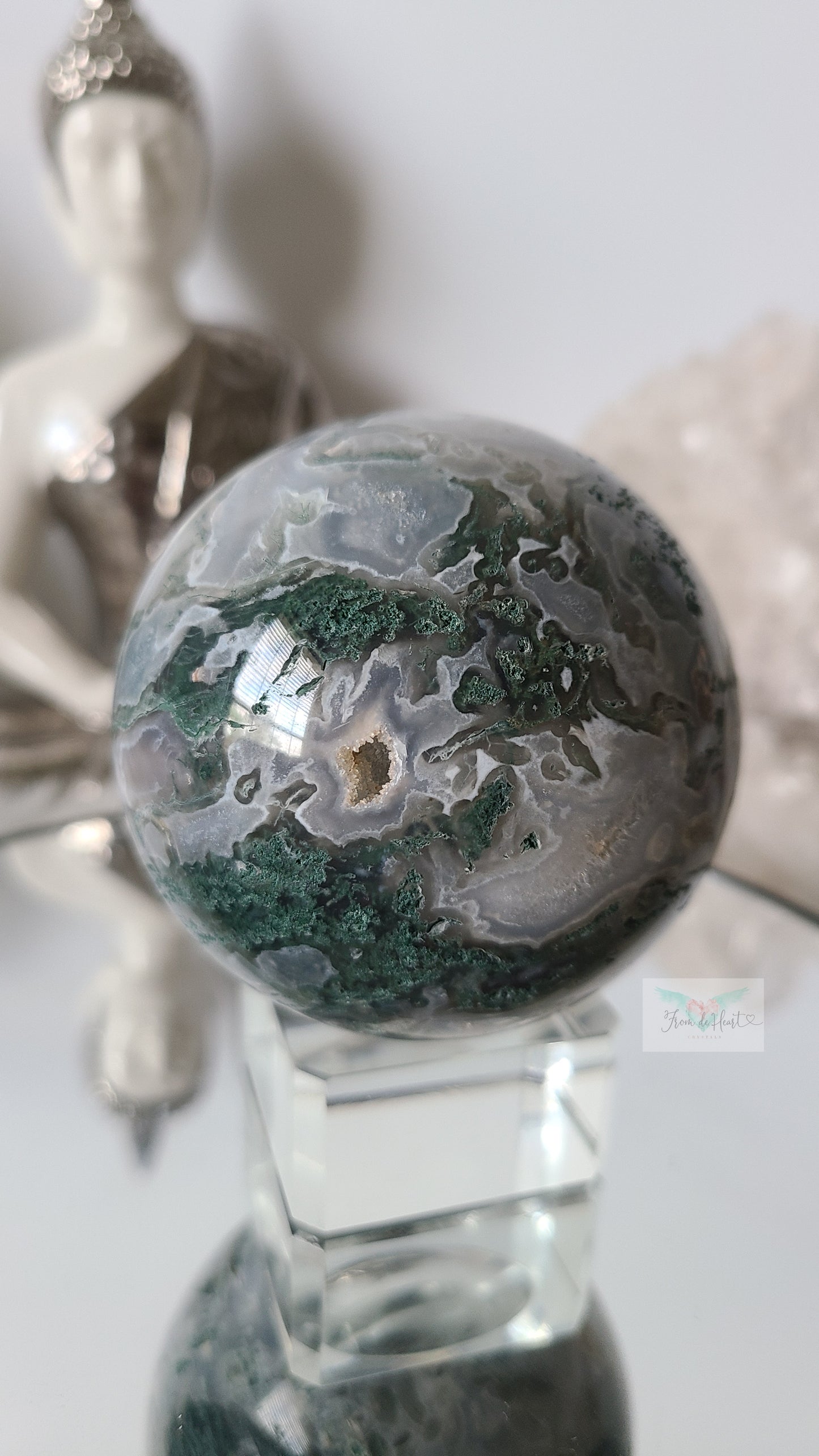 Druzy Quartz Moss Agate Sphere (A)