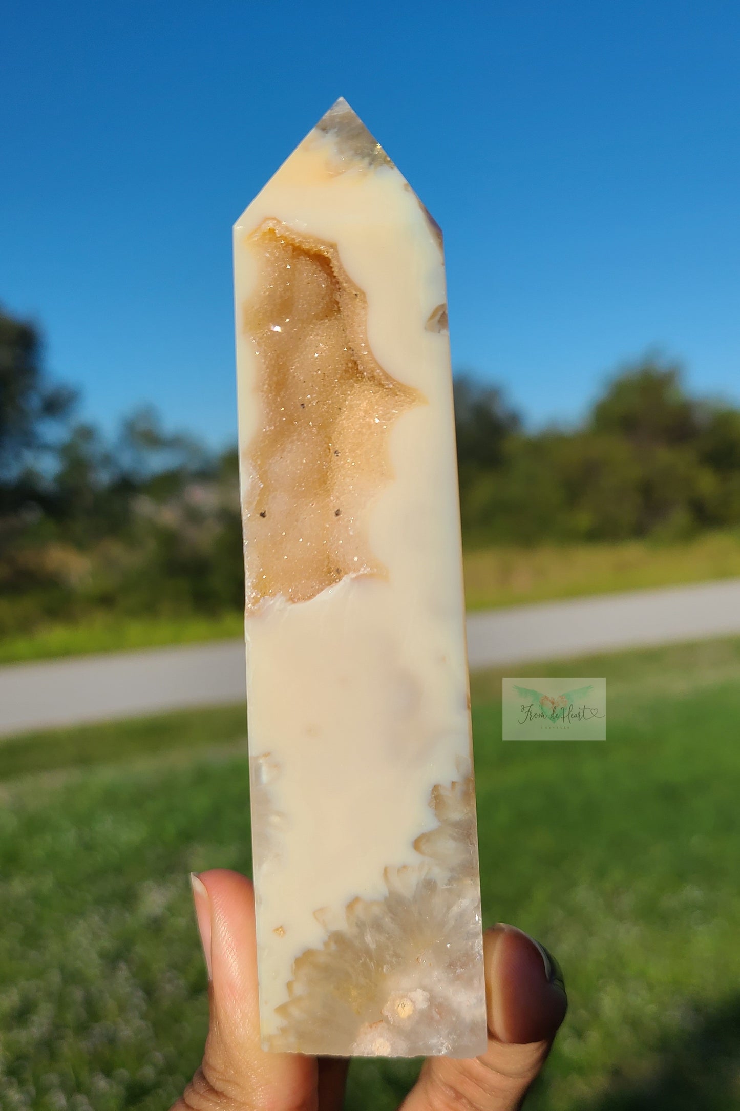 Yellow Sugar Druzy Flower Agate with Quartz Tower (Rare) (SALE)