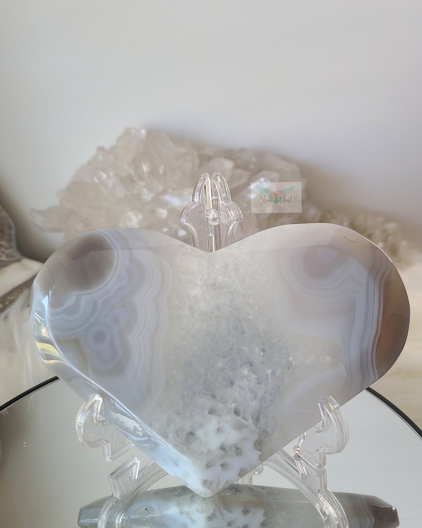 Blue Agate Heart with Sugar Druzy (Carving) (A)