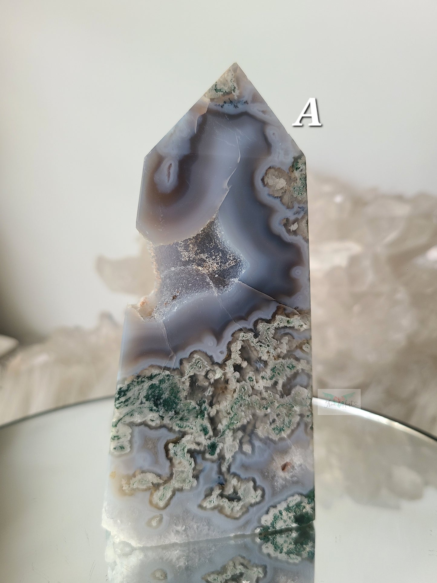 Blue Moss Agate, Quartz and Mica Tower