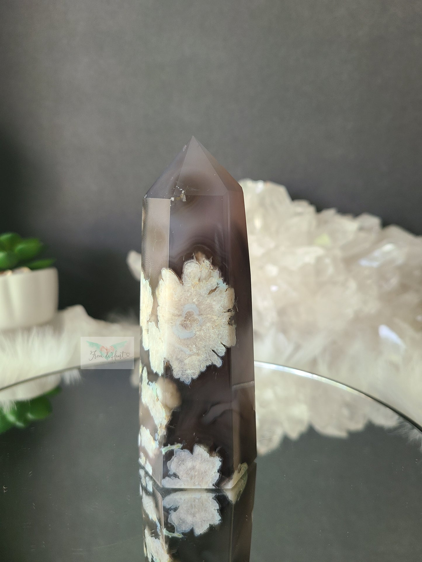 High Grade Black Flower Agate Tower