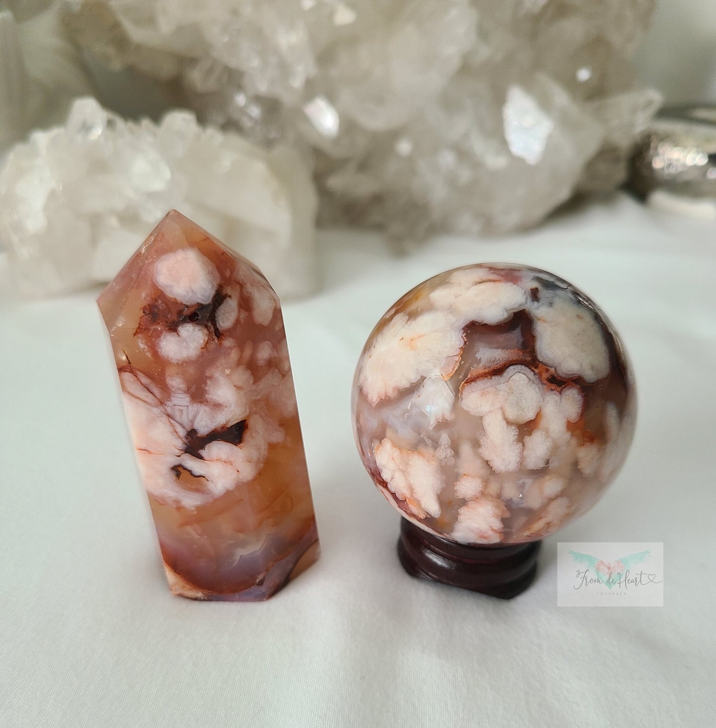 Carnelian Flower Agate Tower and Sphere (High Quality Pair)